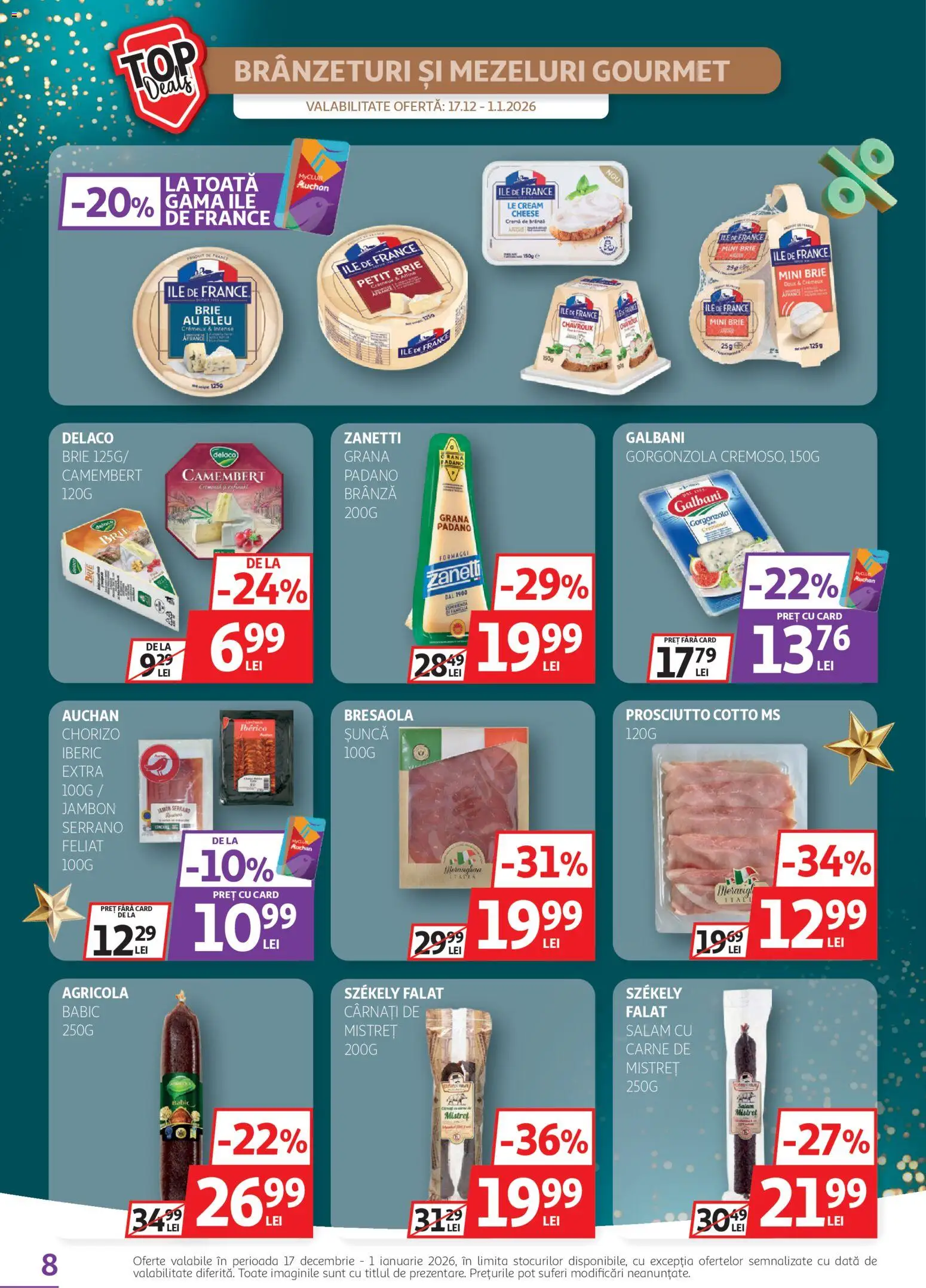 Catalog Auchan 17 - 31 Decembrie 2025 | Pagina 8 | Produse: Light Kedi Konservesi, Gorgonzola, Salam, Șuncă