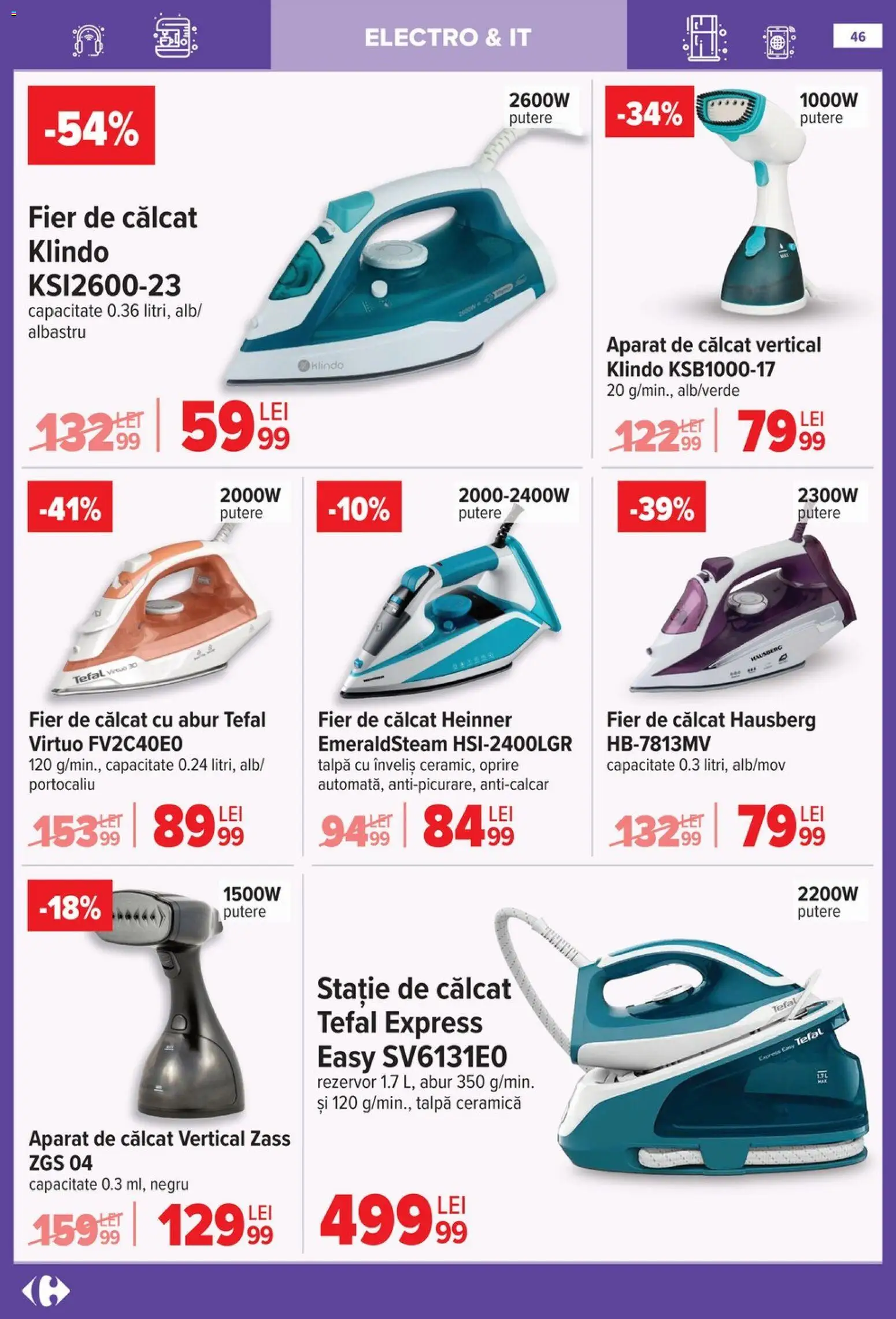Catalog Carrefour 14 Ianuarie - 9 Februarie 2026 | Pagina 46 | Produse: Aparat de călcat, Fier de călcat