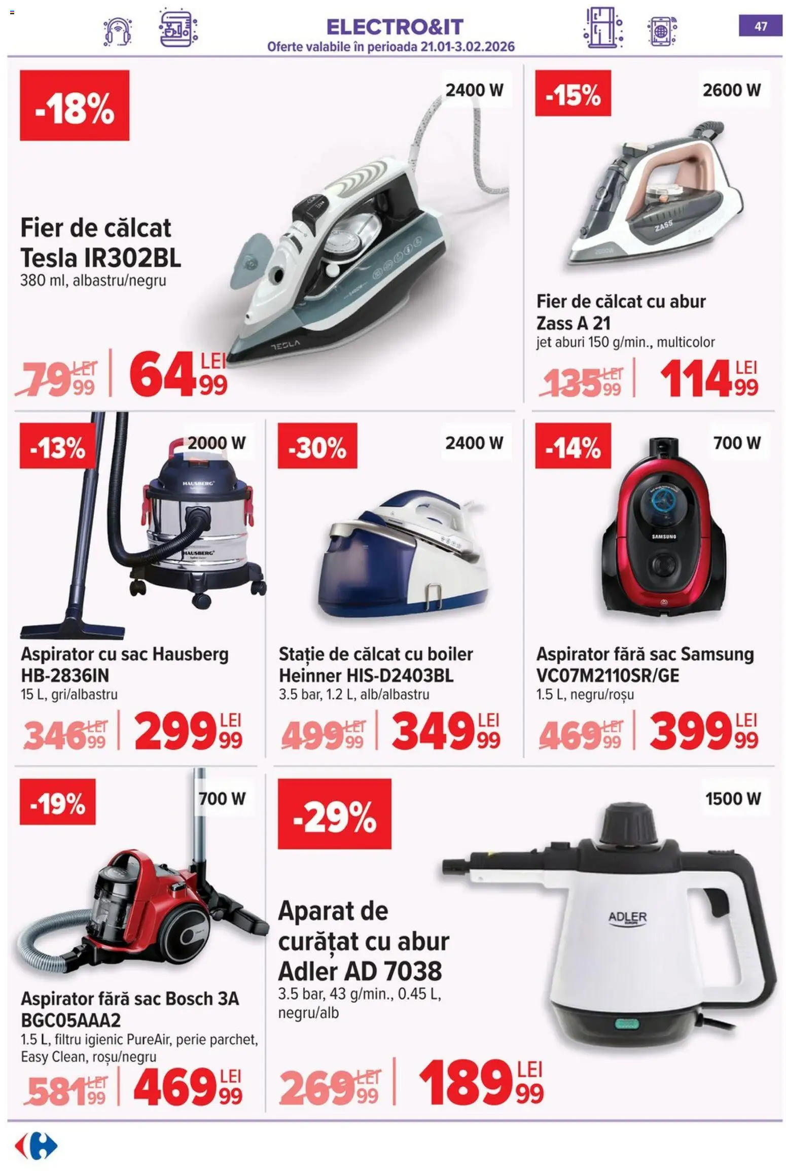 Catalog Carrefour 21 - 26 Ianuarie 2026 | Pagina 47 | Produse: Boiler, Fier de călcat, Aspirator, Perie