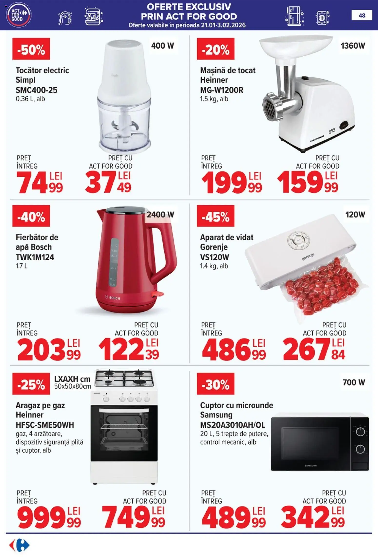 Catalog Carrefour 28 Ianuarie - 2 Februarie 2026 | Pagina 48 | Produse: Mașină de tocat, Plită, Cuptor Cu Microunde, Apă