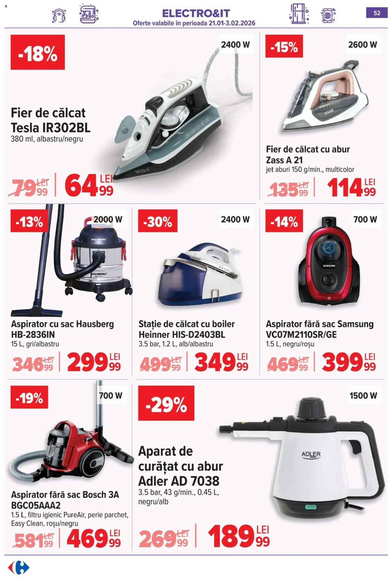 Catalog Carrefour 28 Ianuarie - 2 Februarie 2026 | Pagina 52 | Produse: Boiler, Fier de călcat, Aspirator, Perie