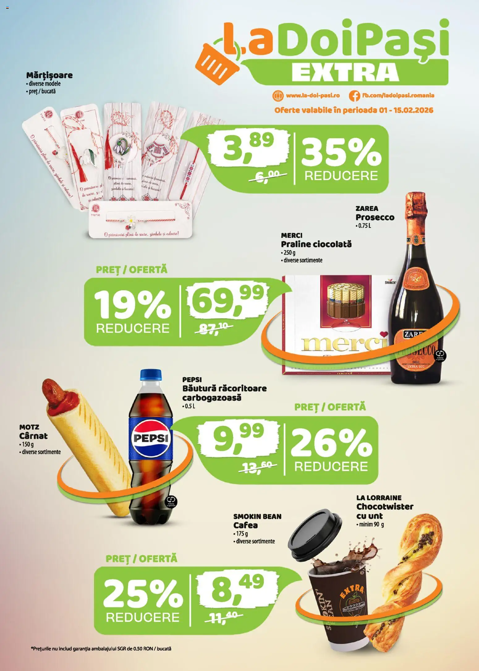 Catalog La Doi Pași 1 - 14 Februarie 2026 | Pagina 1 | Produse: Prosecco, Unt, Cafea, Ciocolată