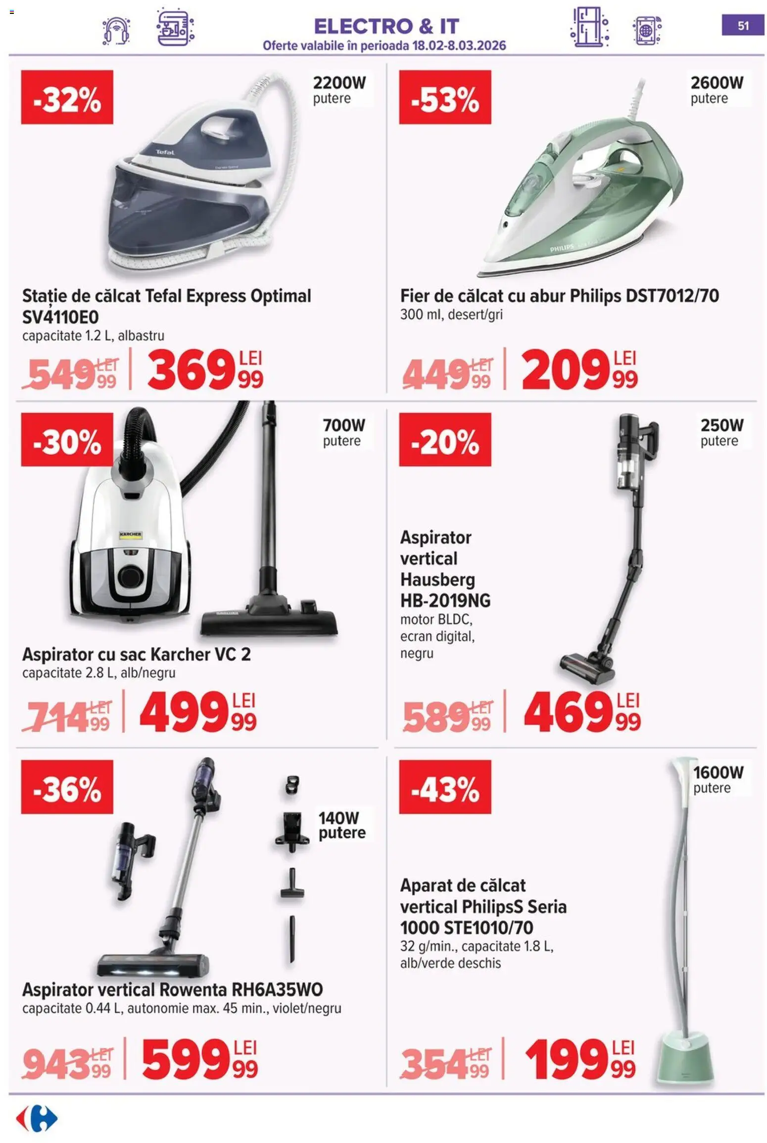 Catalog Carrefour 18 - 23 Februarie 2026 | Pagina 53 | Produse: Enginar, Aparat de călcat, Fier de călcat, Aspirator