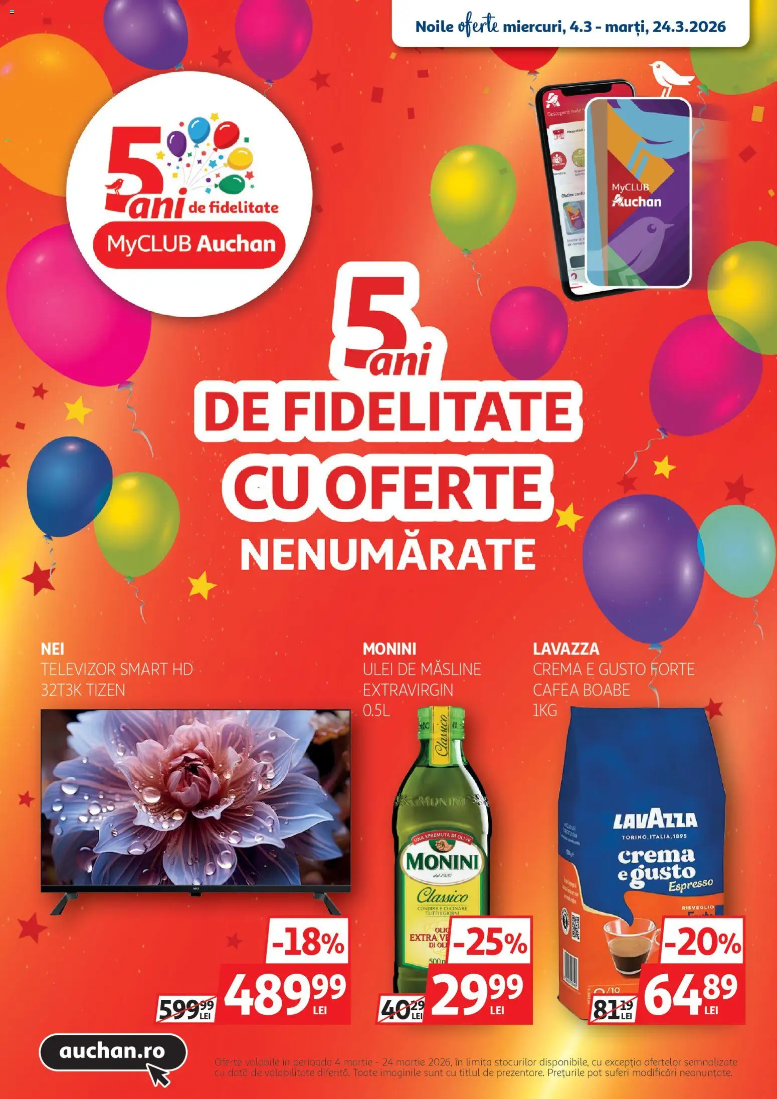 Catalog Auchan 4 - 23 Martie 2026 | Pagina 1 | Produse: Televizor, Măsline, Ulei, Cafea