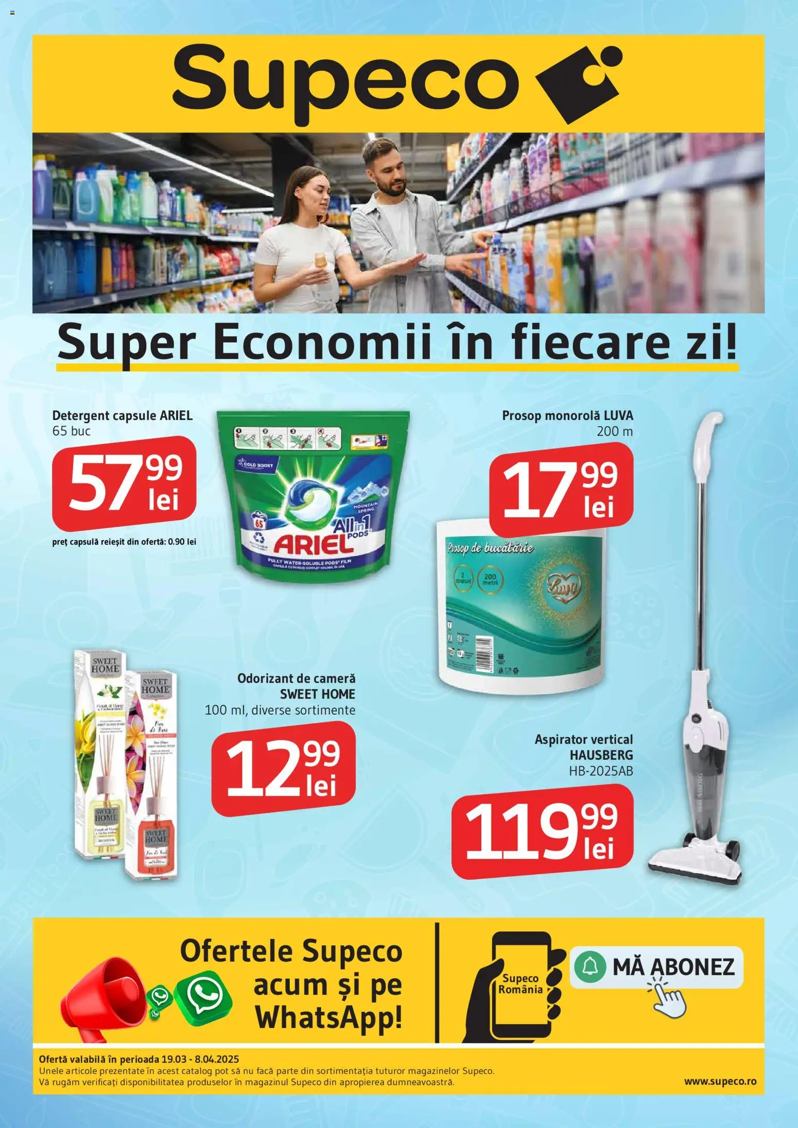 Catalog Supeco 19 Martie - 7 Aprilie 2026 | Pagina 1 | Produse: Cameră, Aspirator, Prosop monorolă, Detergent