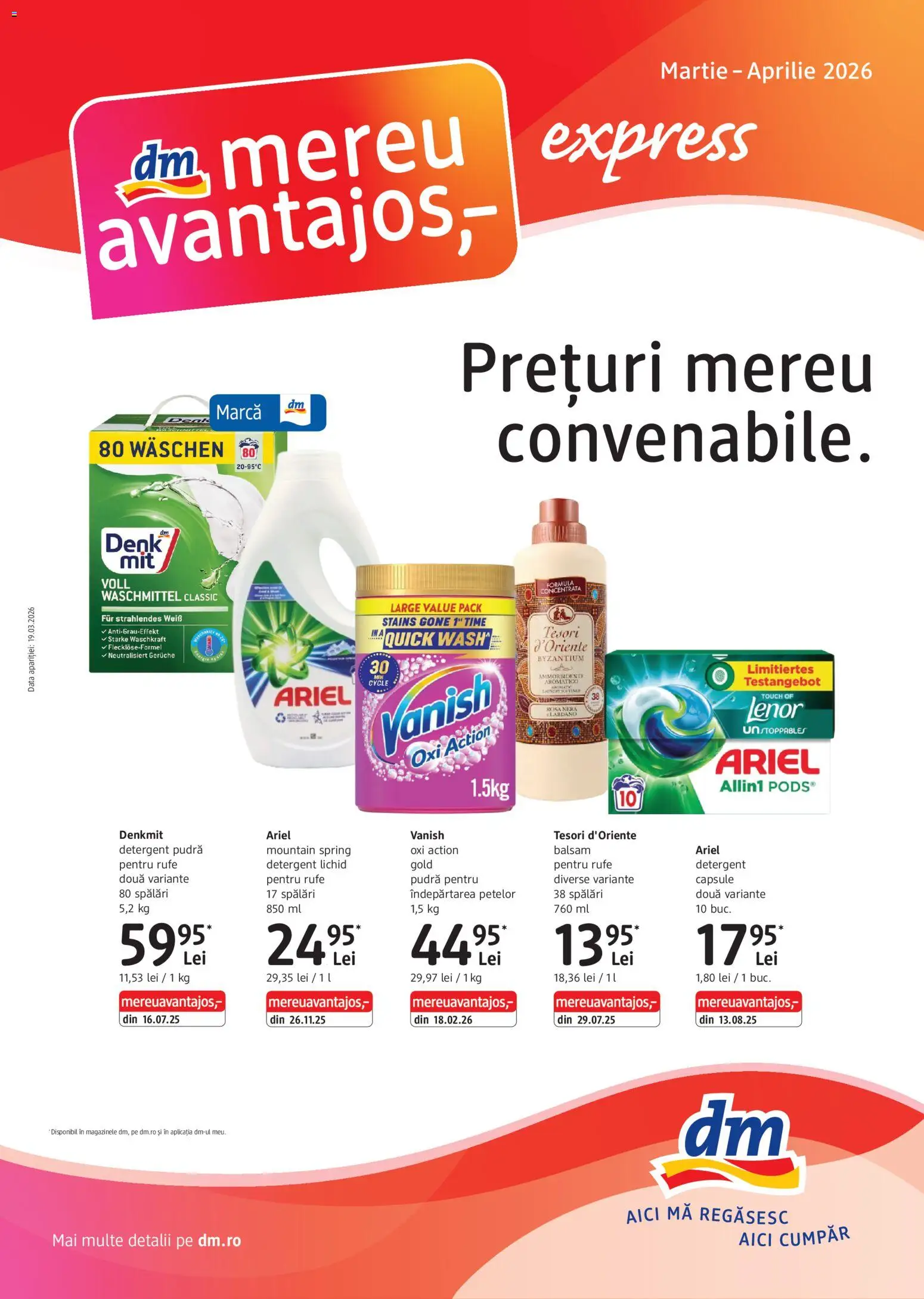Catalog DM Drogerie Markt 19 Martie - 13 Aprilie 2026 | Pagina 1 | Produse: Balsam, Detergent, Îndepărtarea petelor, Çelik Mama ve Su Kabı