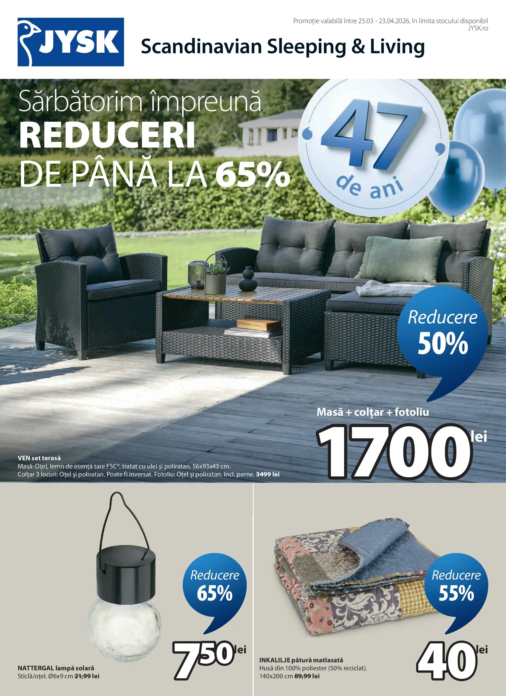 Catalog JYSK 25 Martie - 22 Aprilie 2026 | Pagina 1 | Produse: Pătură, Fotoliu, Masă, Colțar