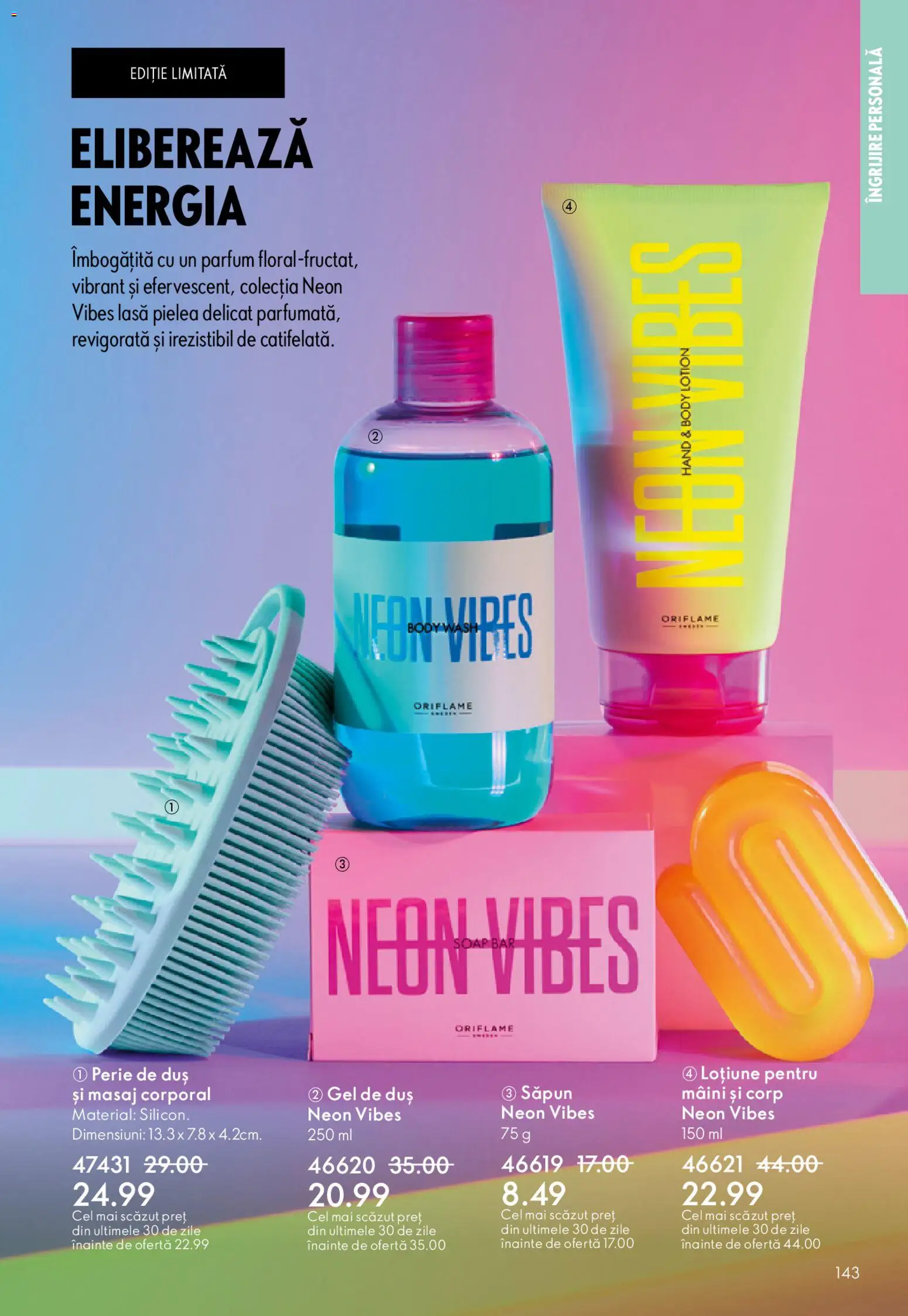 Catalog Oriflame 6 - 25 Mai 2026 | Pagina 143 | Produse: Duș, Parfum, Perie, Gel de duș
