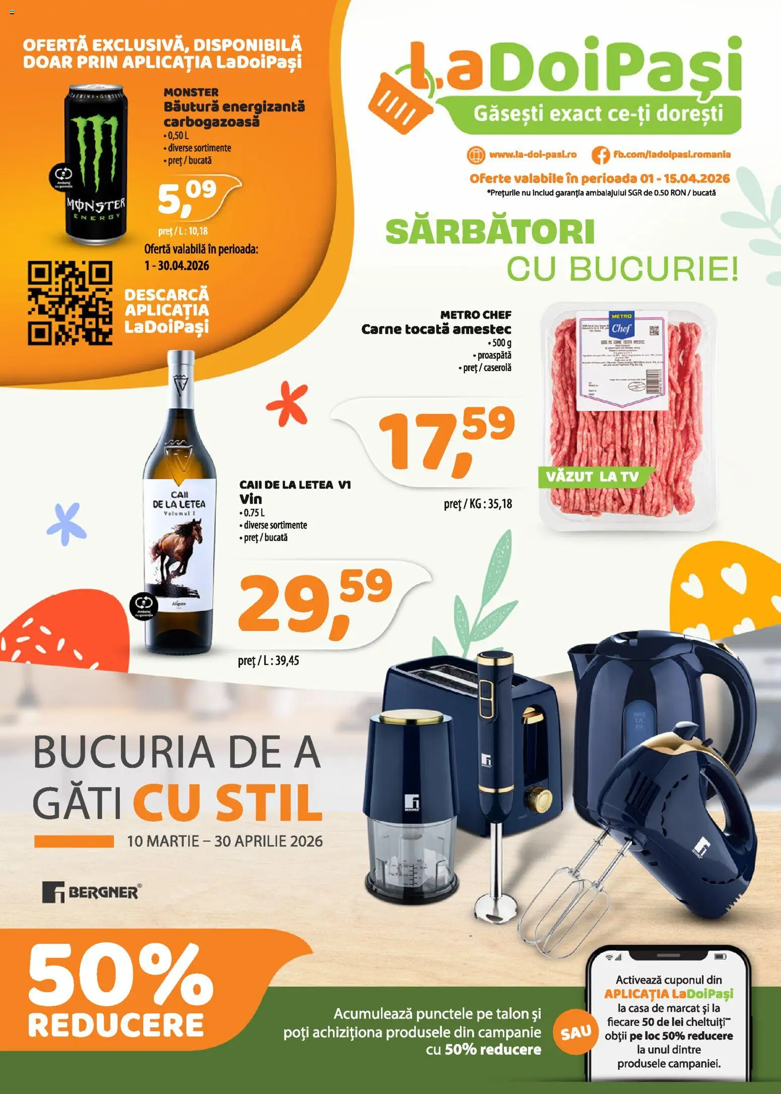 Catalog La Doi Pași 1 - 14 Aprilie 2026 | Pagina 1 | Produse: Băutură energizantă, Carne tocată