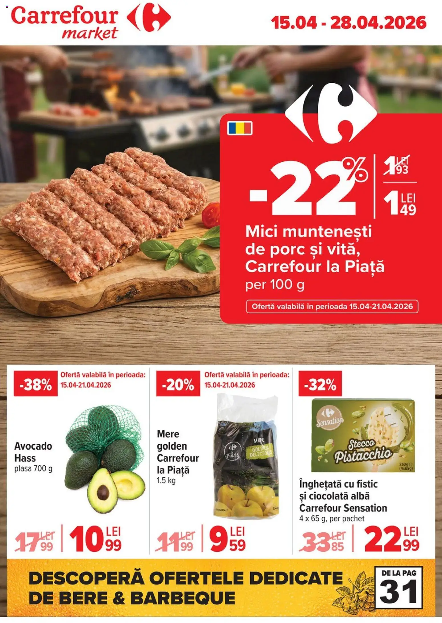 Catalog Carrefour 15 - 27 Aprilie 2026 | Pagina 1 | Produse: Mici, Ciocolată, Înghețată, Avocado