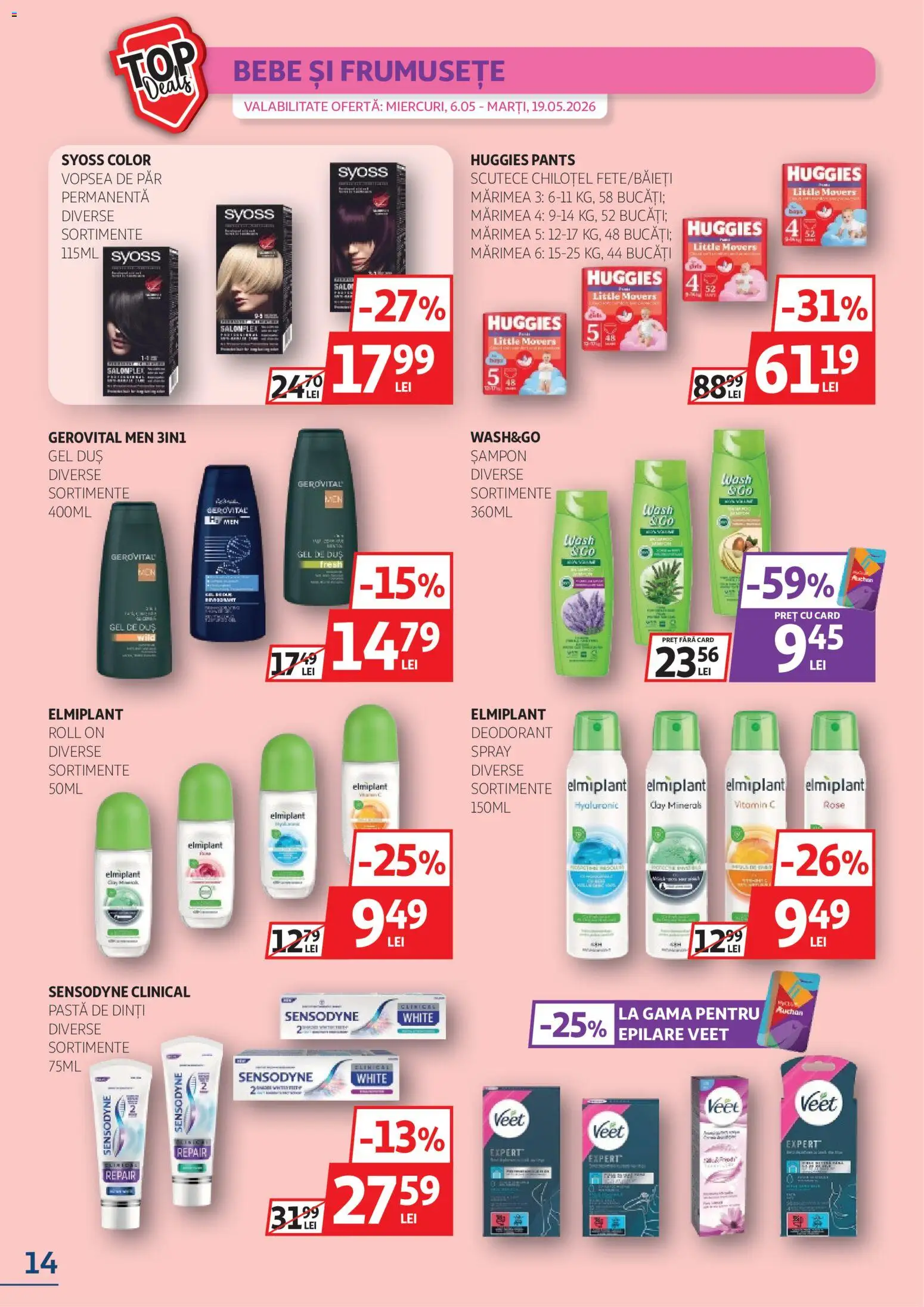 Catalog Auchan 6 - 18 Mai 2026 | Pagina 14 | Produse: Gel de duș, Deodorant, Pastă de dinți, Scutece