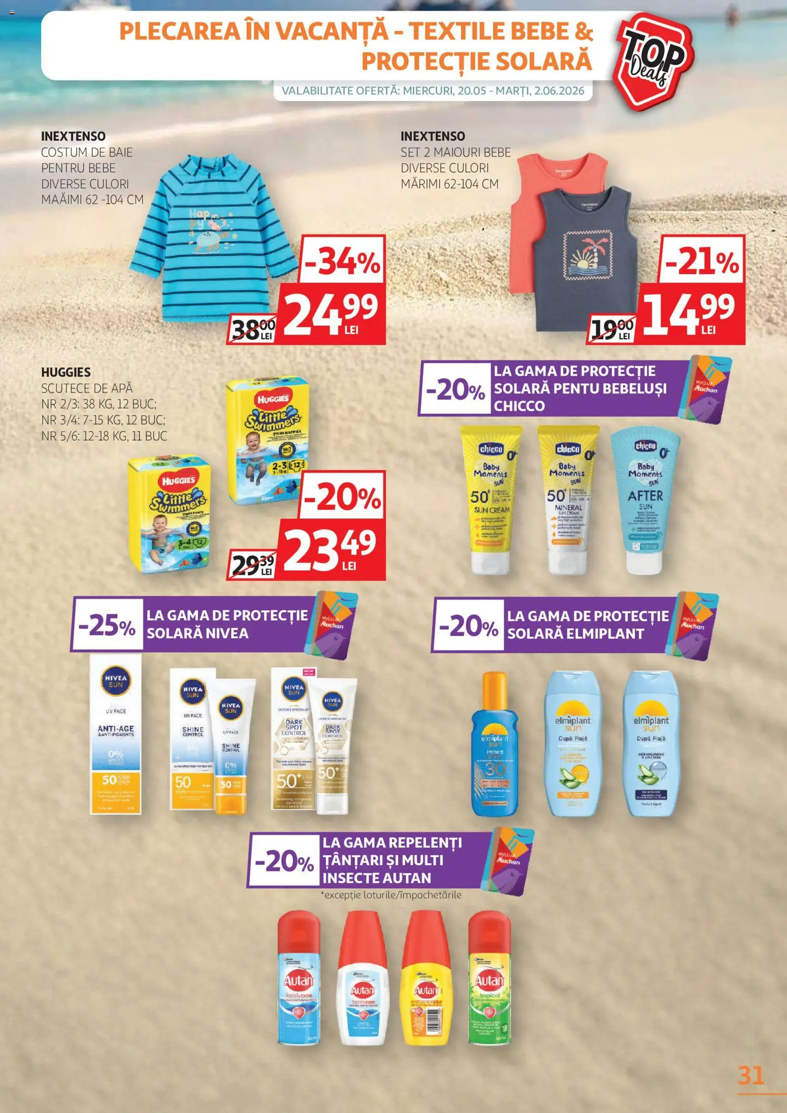 Catalog Auchan 20 Mai - 1 Iunie 2026 | Pagina 31 | Produse: Protecție solară, Costum de baie, Costum, Scutece