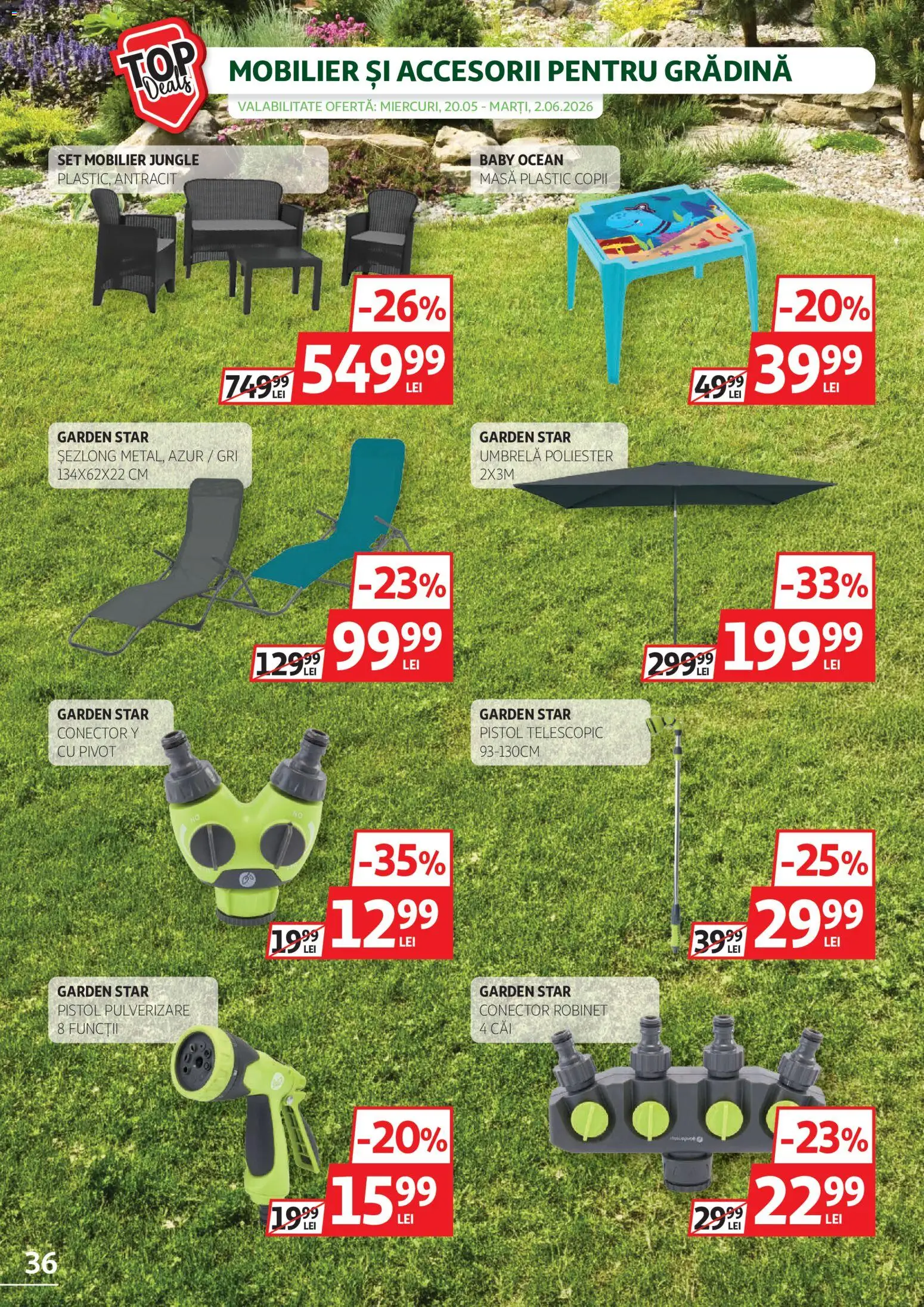 Catalog Auchan 20 Mai - 1 Iunie 2026 | Pagina 36 | Produse: Umbrelă, Conector, Șezlong, Masă