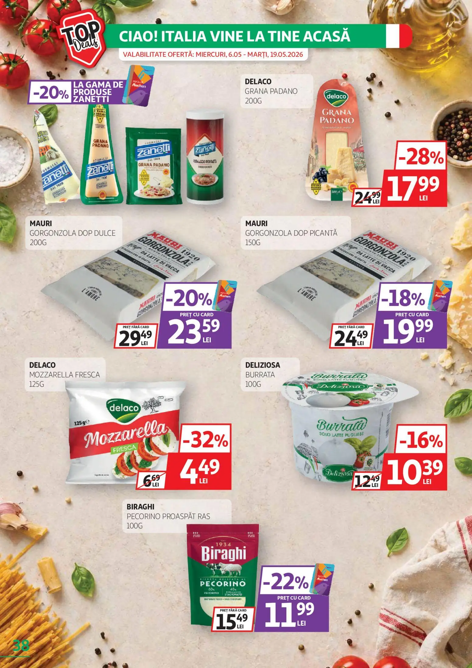 Catalog Auchan 20 Mai - 1 Iunie 2026 | Pagina 38 | Produse: Çift taraflı üst, Light Kedi Konservesi, Mozzarella, Gorgonzola