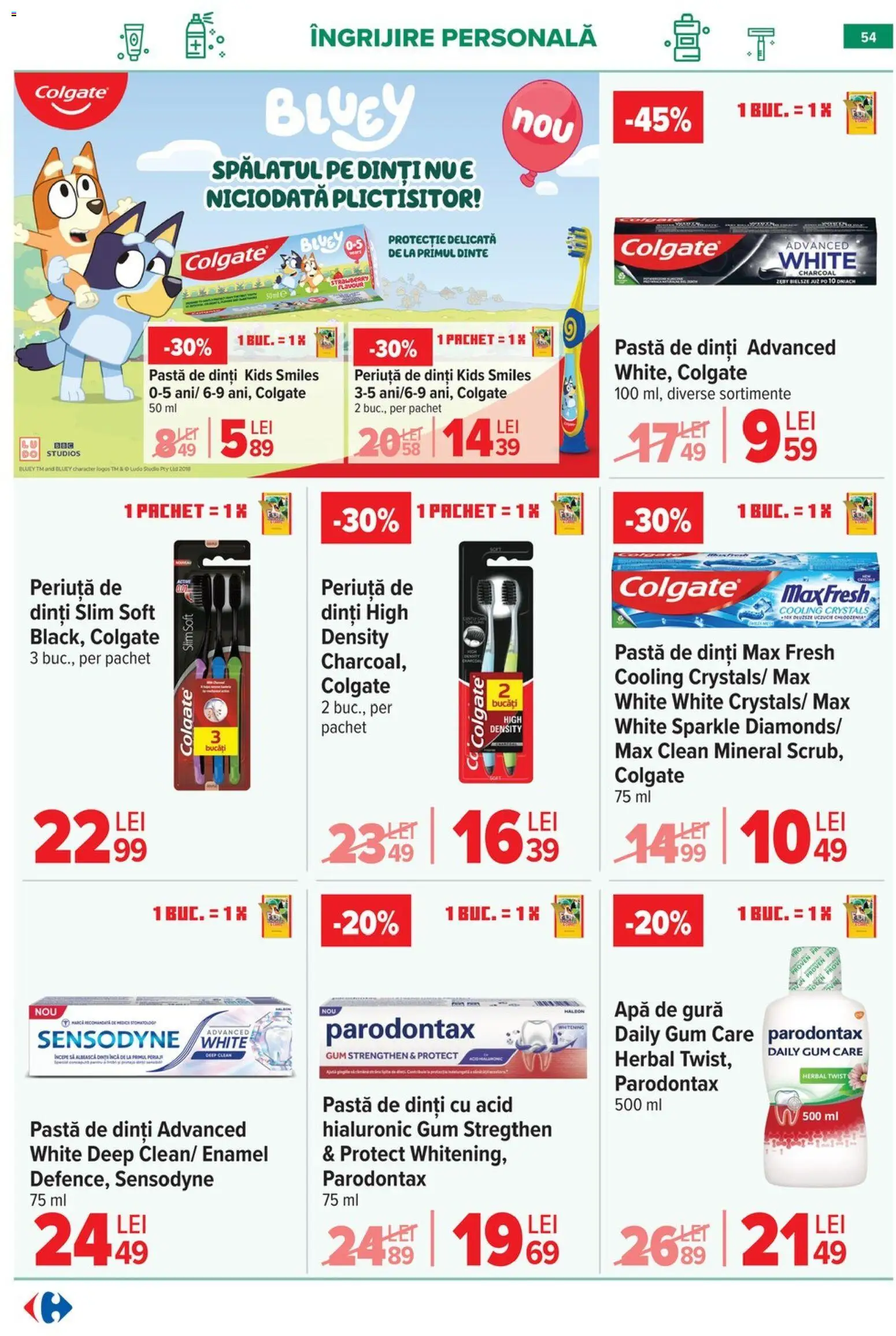 Catalog Carrefour 20 Mai - 1 Iunie 2026 | Pagina 54 | Produse: Pastă de dinți, Periuță de dinți, Apă de gură, Apă