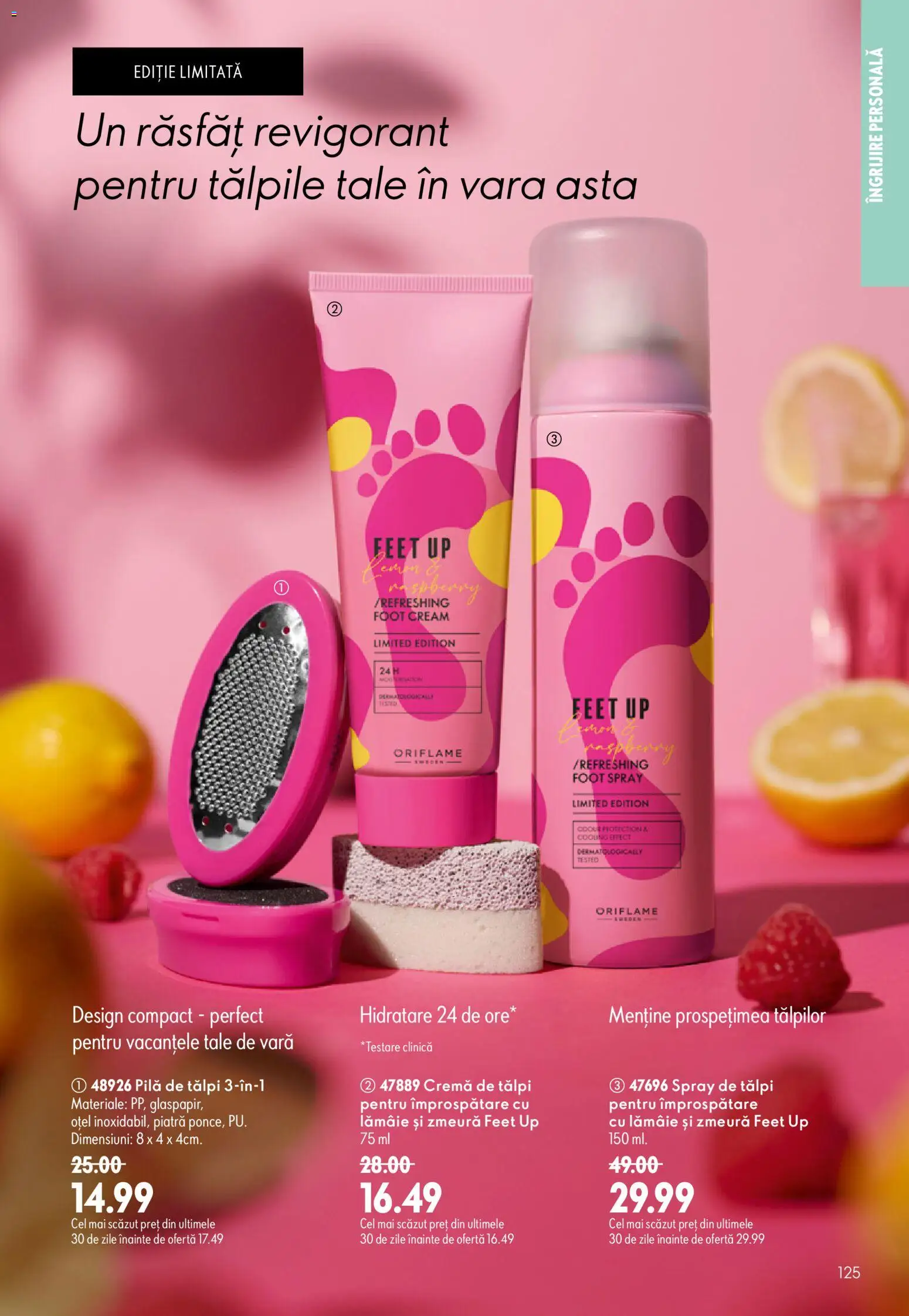 Catalog Oriflame 17 Iunie - 6 Iulie 2026 | Pagina 125 | Produse: Zmeură, Pilă de tălpi, Cremă, Lămâie