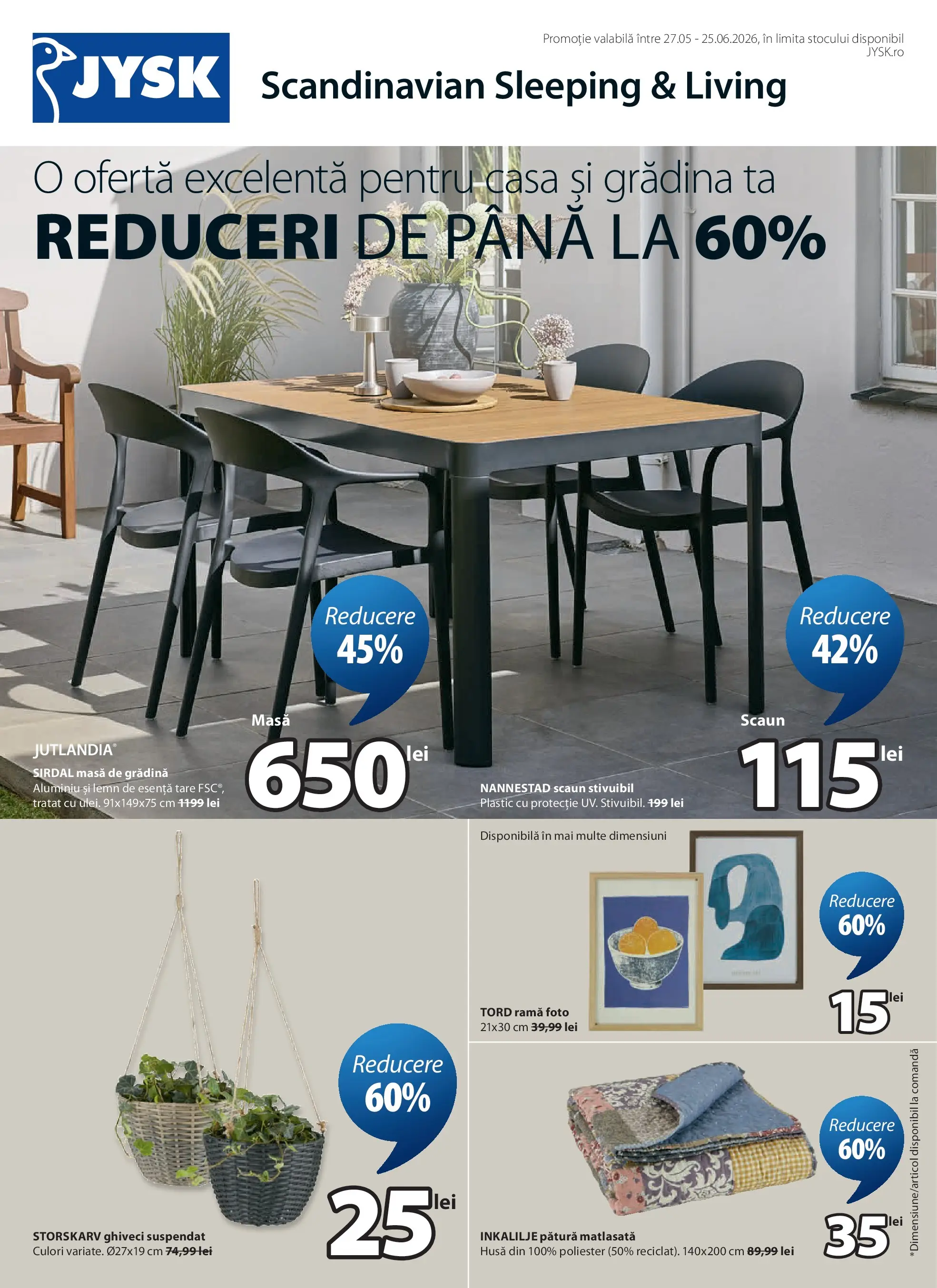 Catalog JYSK 27 Mai - 24 Iunie 2026 | Pagina 1 | Produse: Pătură, Masă, Scaun, Ghiveci
