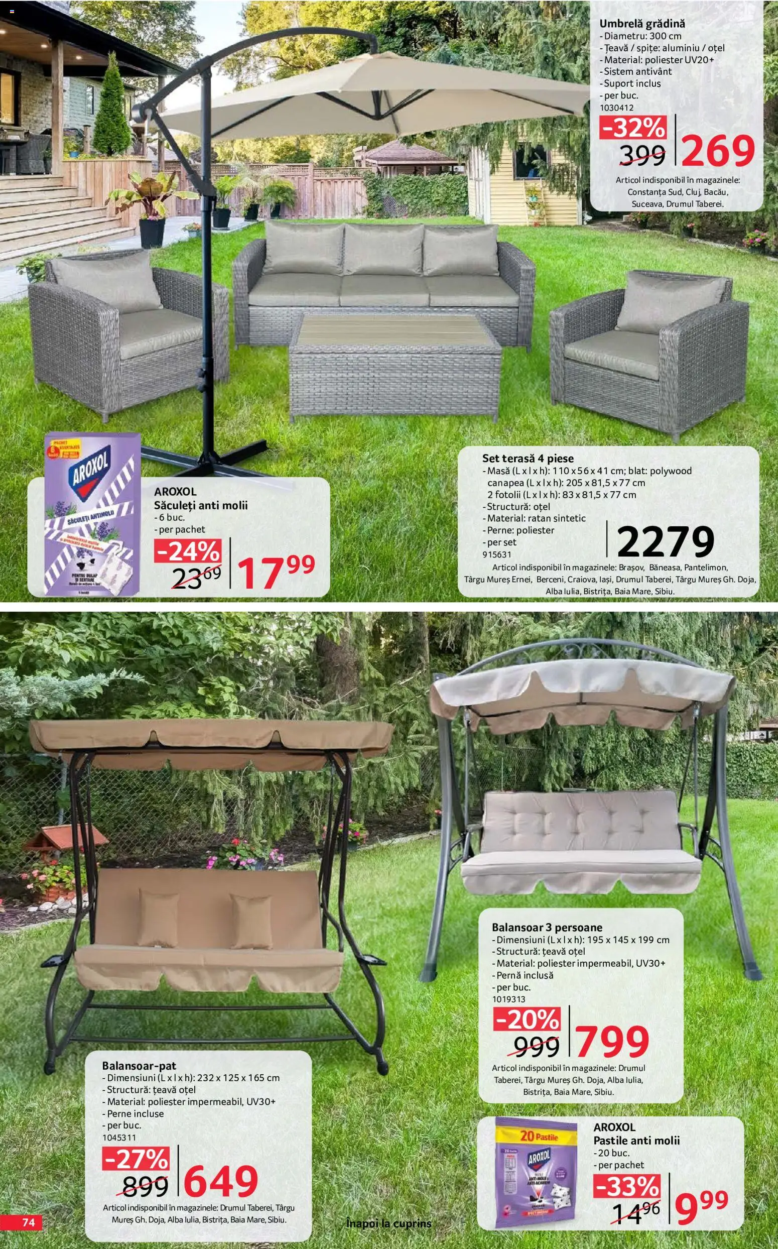Catalog Selgros 29 Mai - 24 Iunie 2026 | Pagina 74 | Produse: Umbrelă, Pernă, Masă, Balansoar