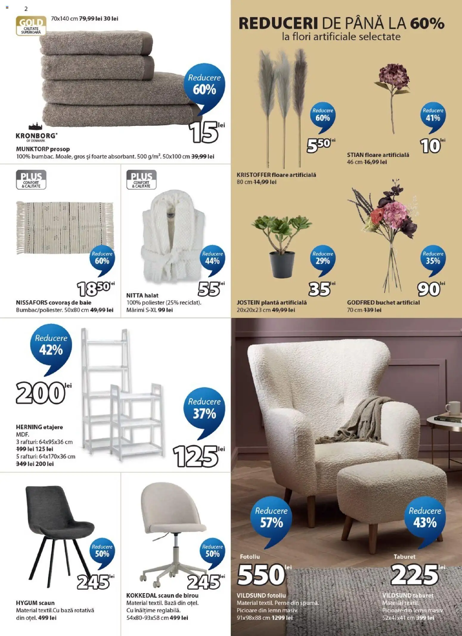 Catalog JYSK 11 - 24 Iunie 2026 | Pagina 2 | Produse: Çikolatalı gofret, Scaun, Floare artificială, Covoraș de baie
