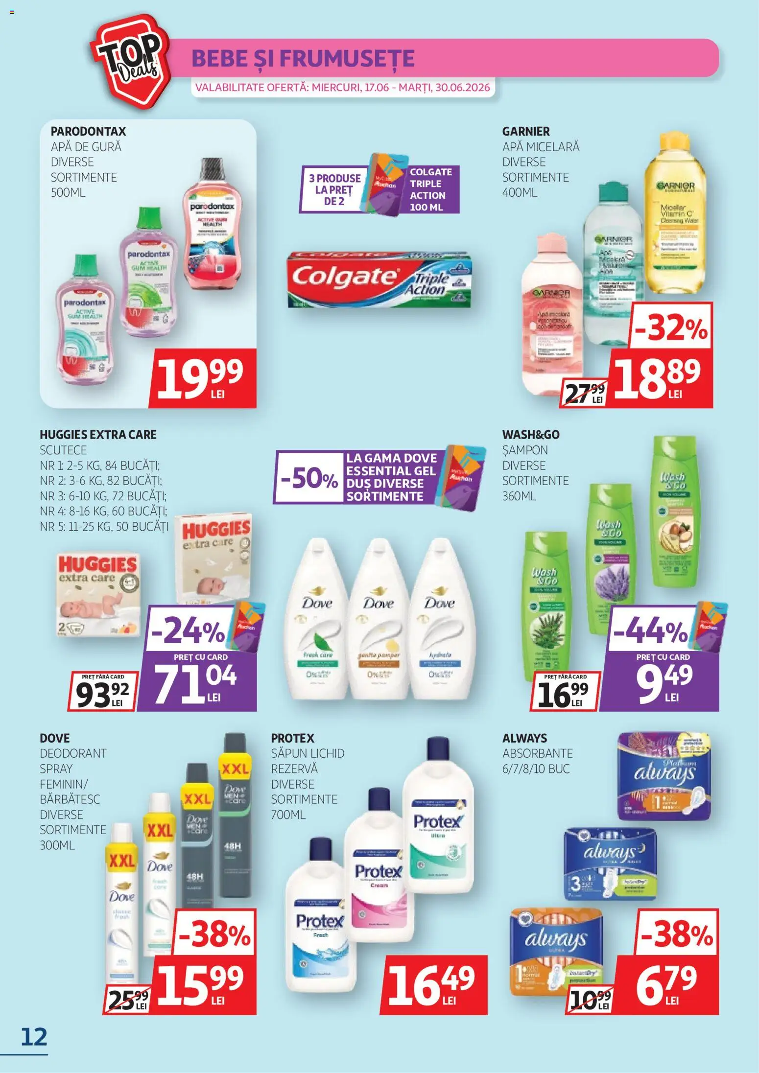 Catalog Auchan 17 - 29 Iunie 2026 | Pagina 12 | Produse: Apă micelară, Deodorant, Apă de gură, Absorbante