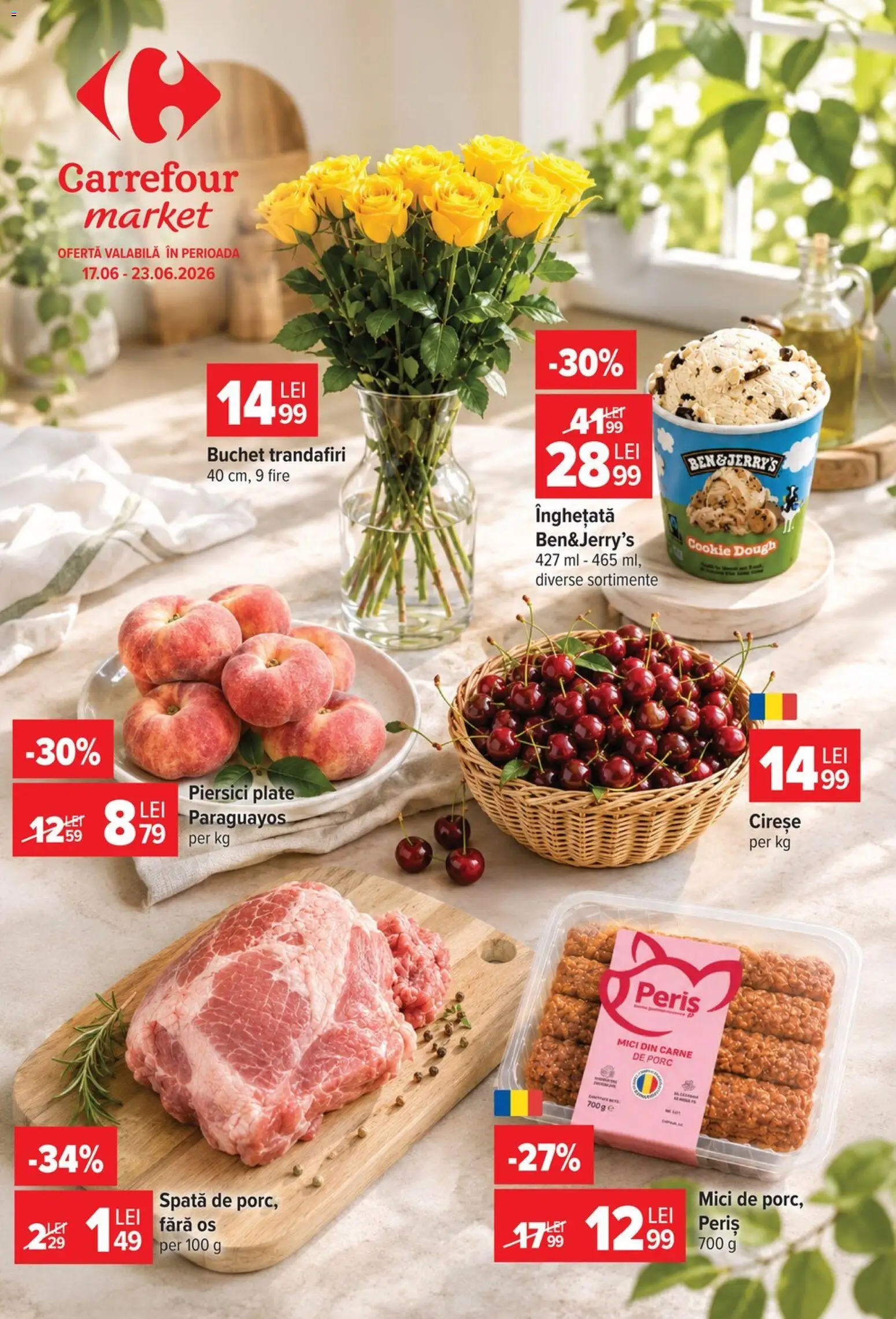 Catalog Carrefour 17 - 22 Iunie 2026 | Pagina 1 | Produse: Mici, Carne De Porc, Cireșe, Înghețată