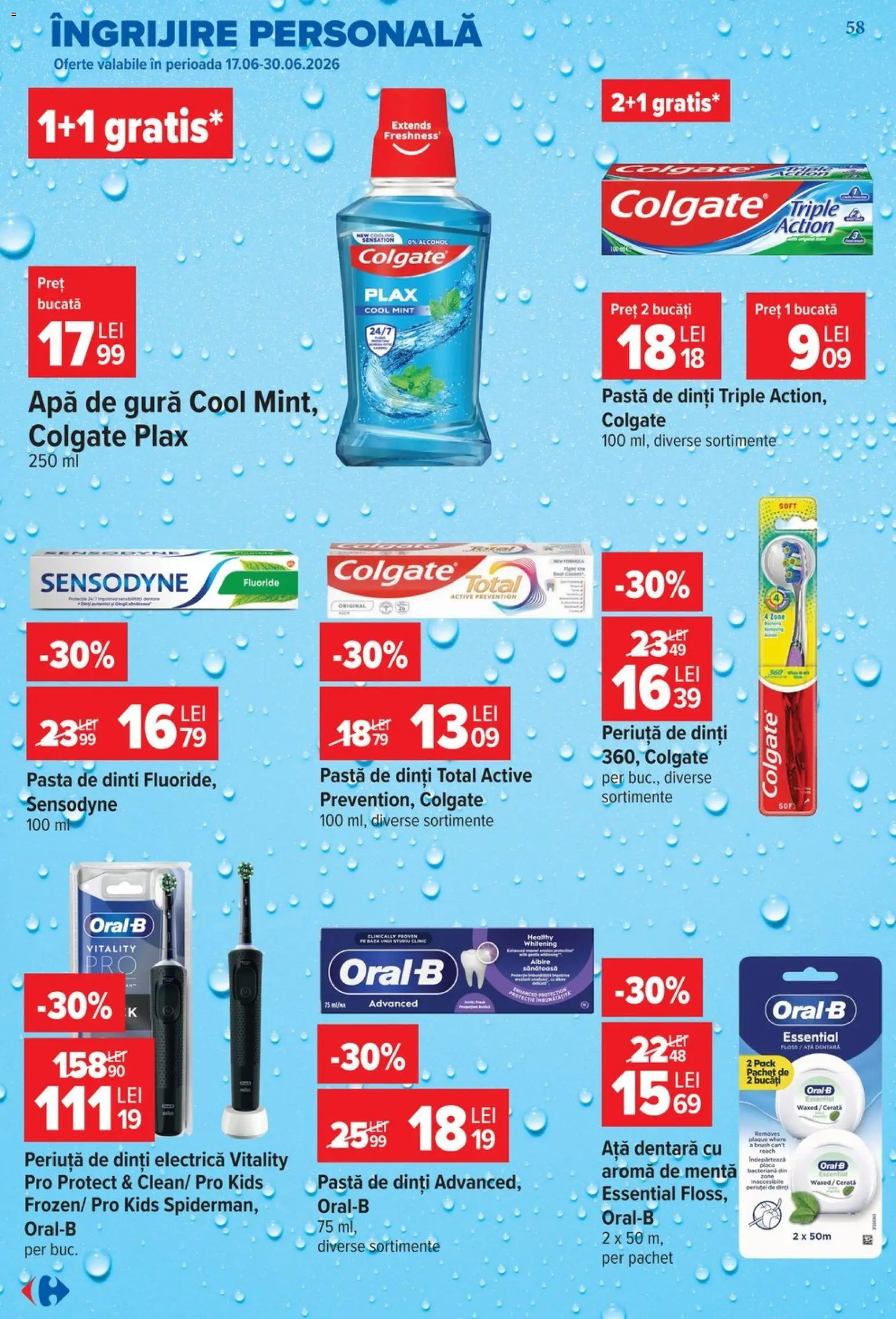 Catalog Carrefour 24 - 29 Iunie 2026 | Pagina 58 | Produse: Ață dentară, Periuță De Dinți Electrică, Pastă de dinți, Apă de gură