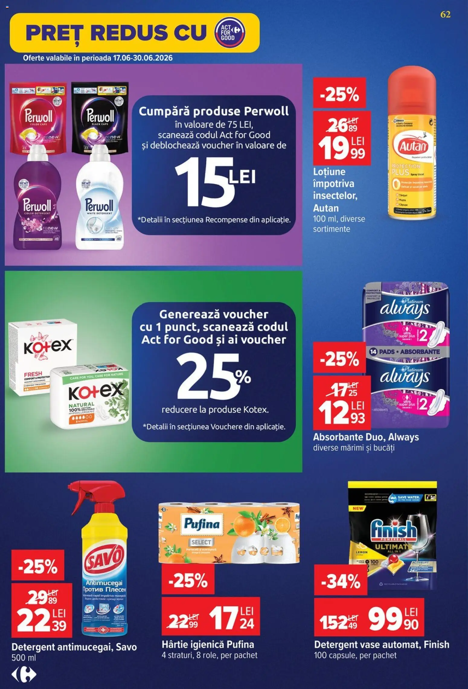 Catalog Carrefour 24 - 29 Iunie 2026 | Pagina 62 | Produse: Detergent, Absorbante
