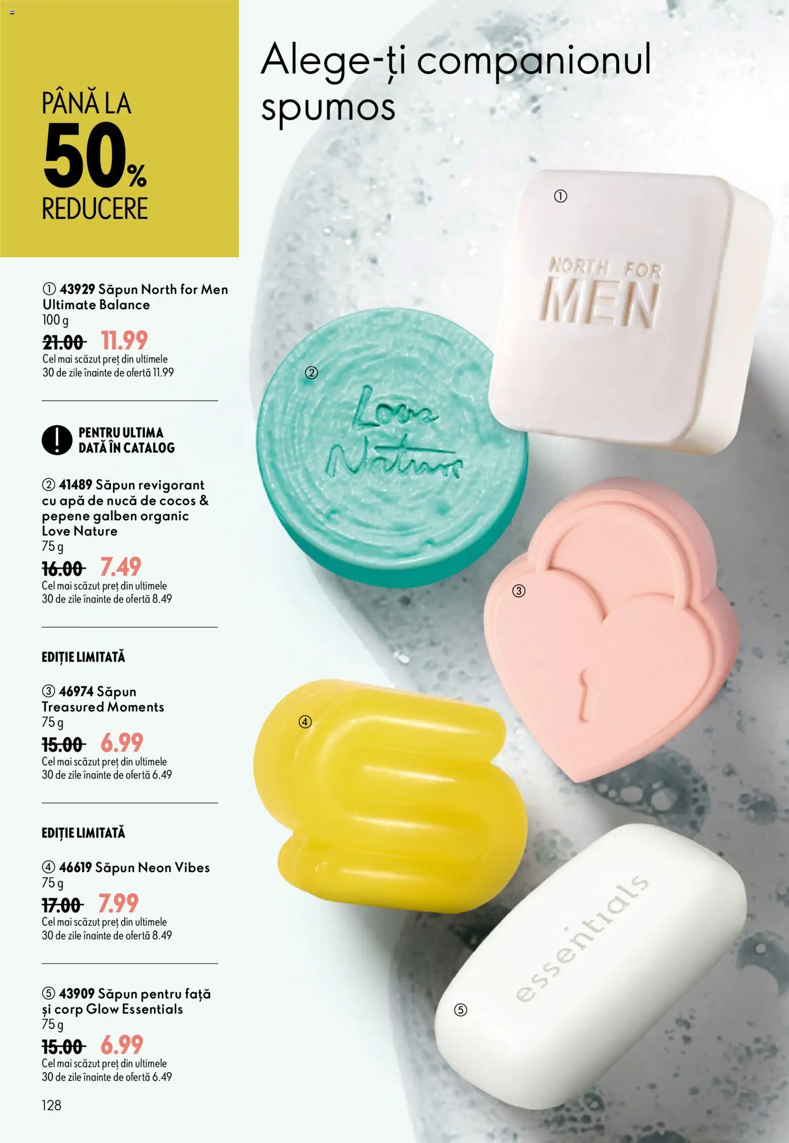 Catalog Oriflame 29 Iulie - 17 August 2026 | Pagina 128 | Produse: Pepene Galben, Săpun, Apă