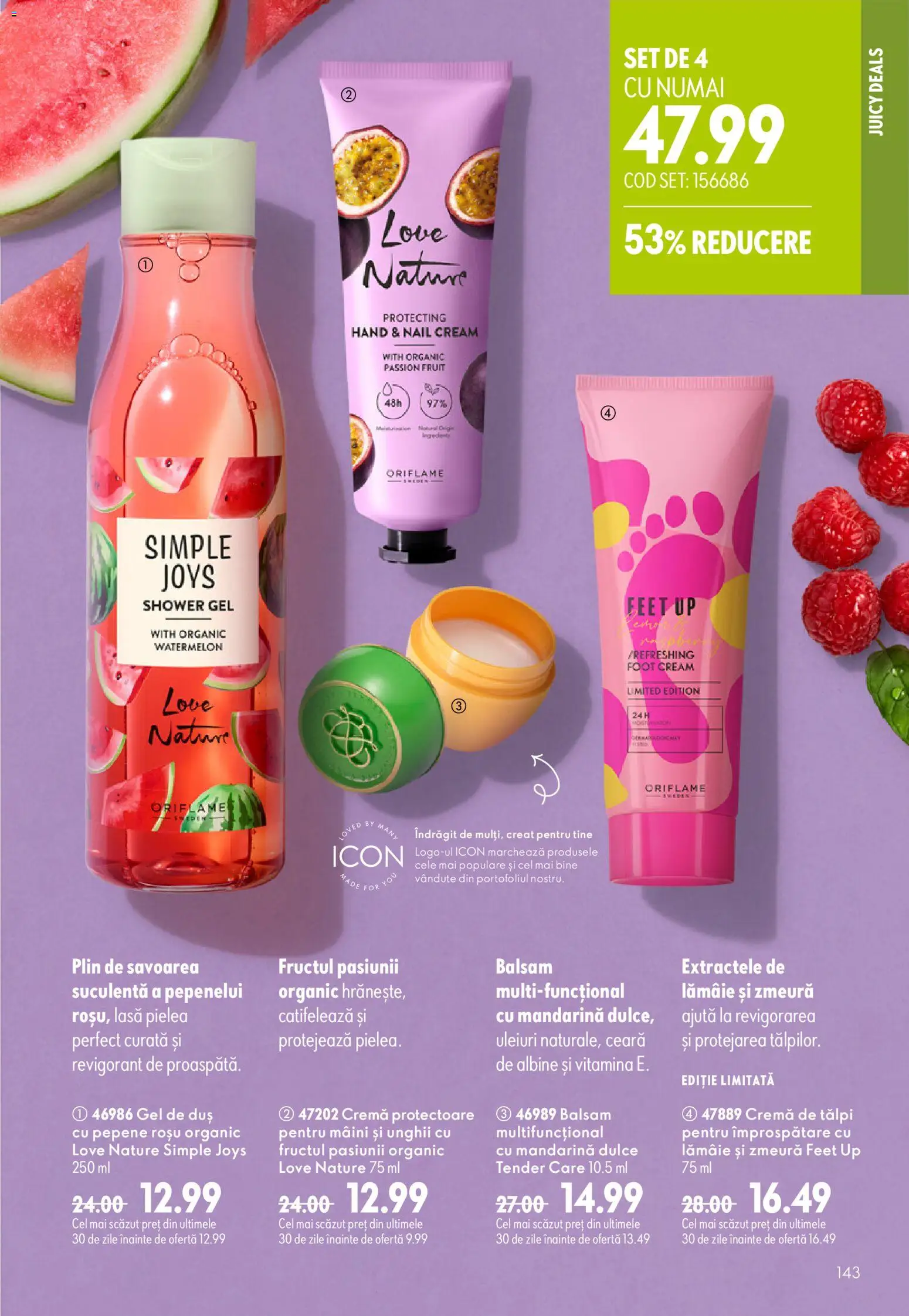Catalog Oriflame 29 Iulie - 17 August 2026 | Pagina 143 | Produse: Zmeură, Duș, Balsam, Gel de duș