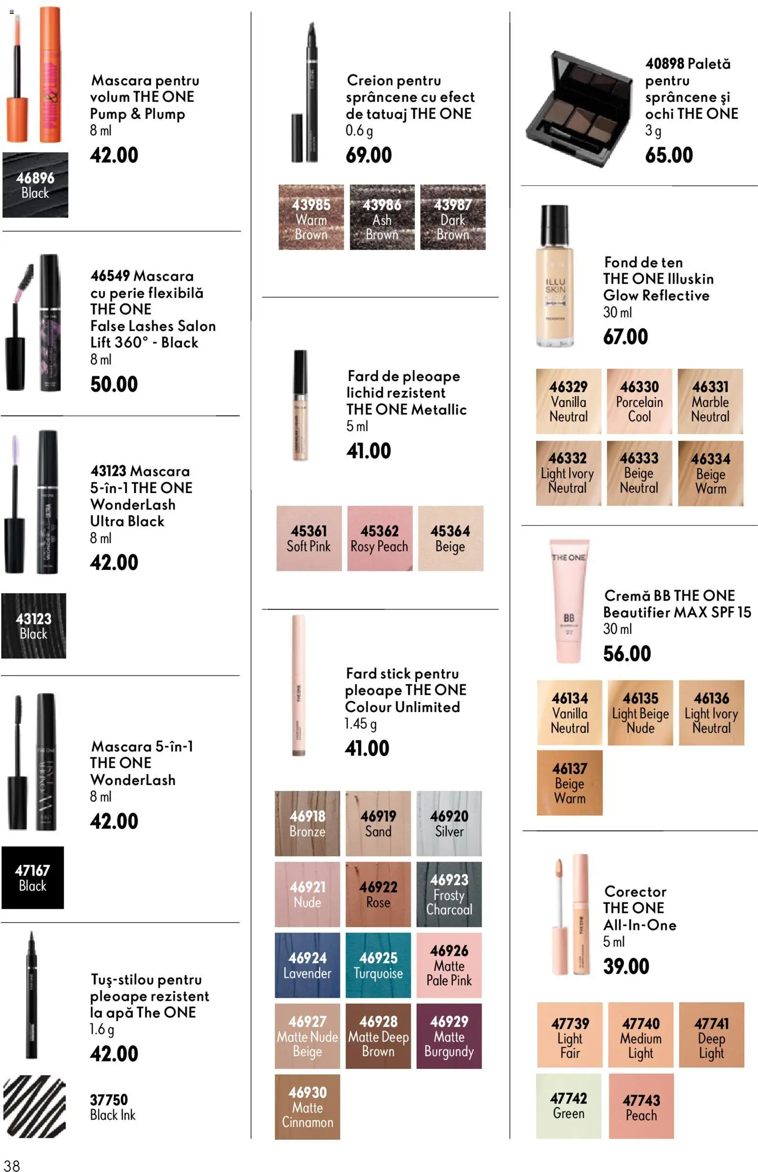 Catalog Oriflame 29 Iulie - 17 August 2026 | Pagina 38 | Produse: Fond de ten, Mascara, Fard de pleoape, Apă