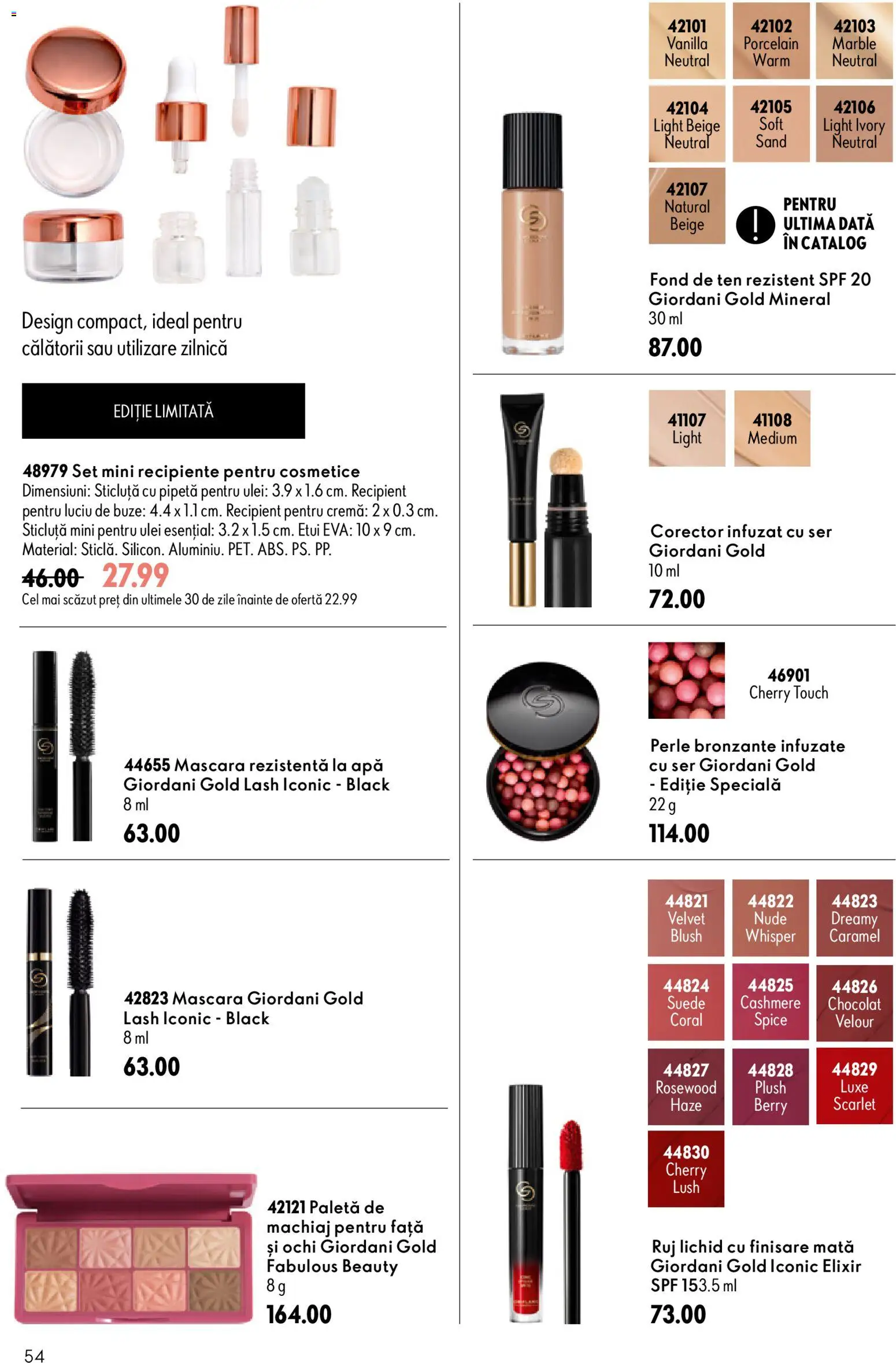 Catalog Oriflame 29 Iulie - 17 August 2026 | Pagina 54 | Produse: Perle bronzante, Mascara, Ruj, Luciu de buze