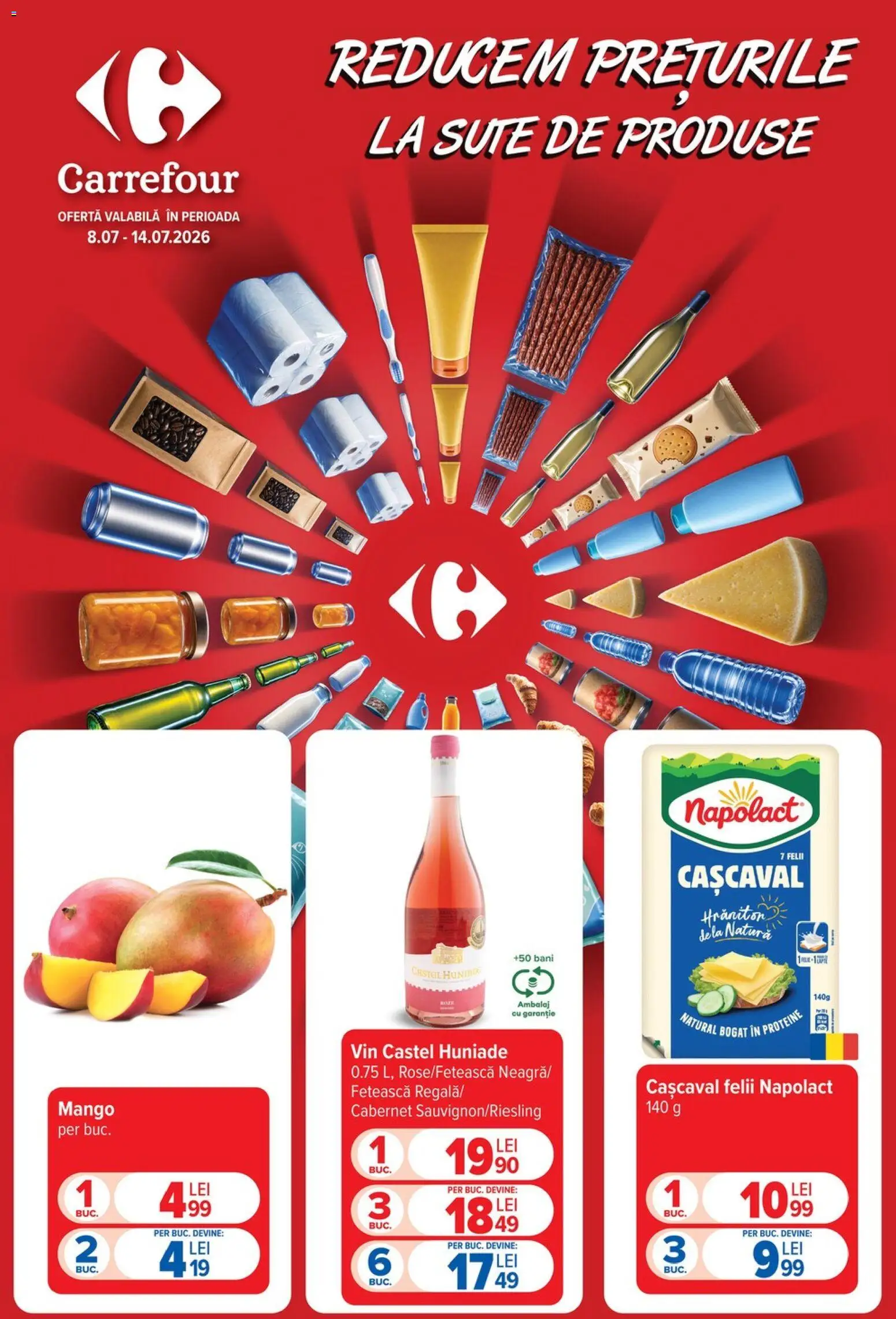 Catalog Carrefour 8 - 13 Iulie 2026 | Pagina 1 | Produse: Masaüstü kılıfı, Cașcaval, Vin, Mango