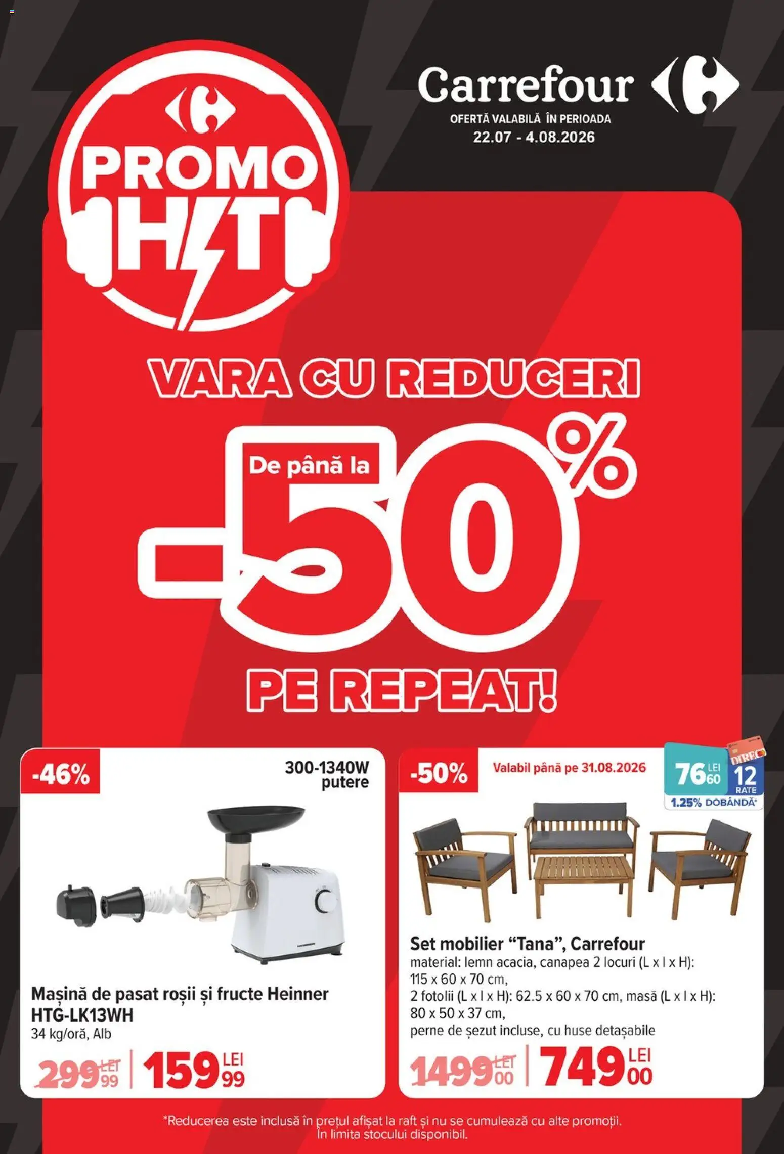 Catalog Carrefour 22 Iulie - 3 August 2026 | Pagina 1 | Produse: Canapea, Masă, Roșii, Fructe