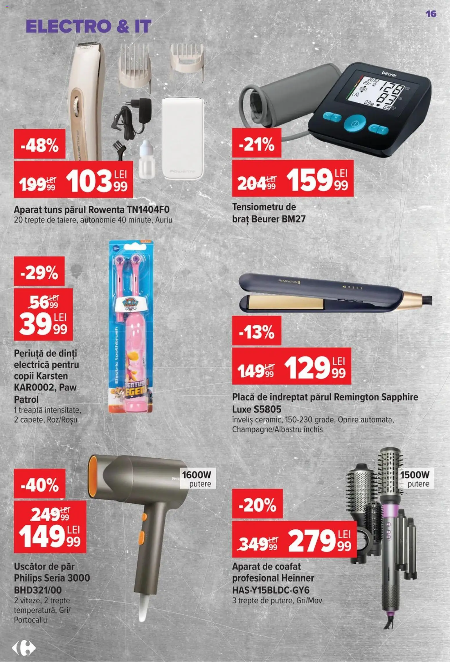 Catalog Carrefour 22 Iulie - 3 August 2026 | Pagina 16 | Produse: Uscător, Uscător De Păr, Placă De Îndreptat Părul, Periuță De Dinți Electrică
