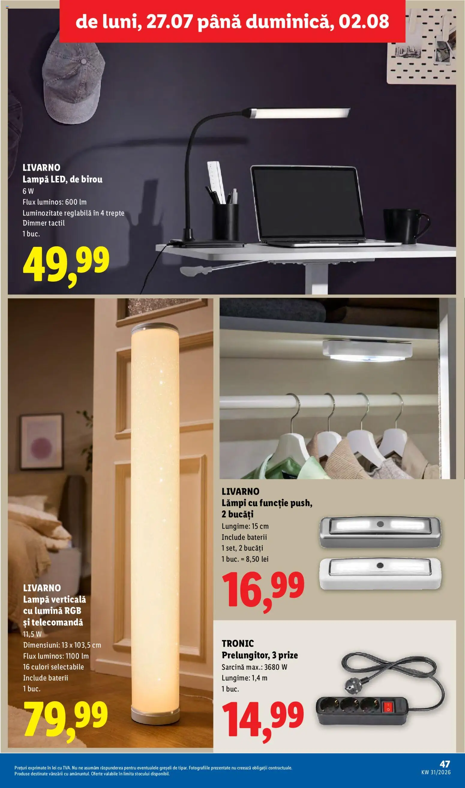 Catalog LIDL 27 Iulie - 1 August 2026 | Pagina 47 | Produse: Tavuk suyu, Prize, Lampă, Baterii