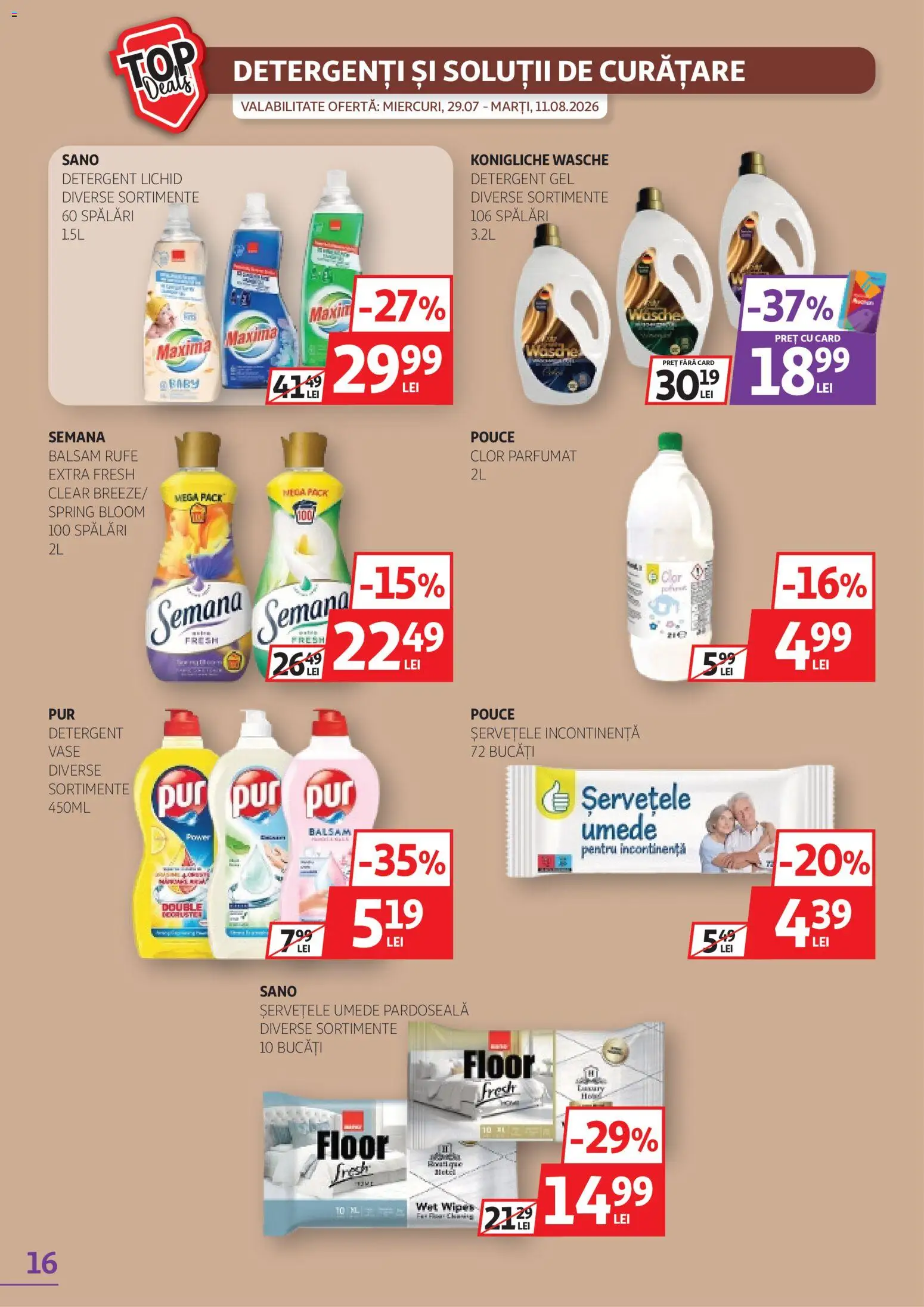 Catalog Auchan 29 Iulie - 10 August 2026 | Pagina 16 | Produse: Balsam, Pardoseală, Detergent, Șervețele umede