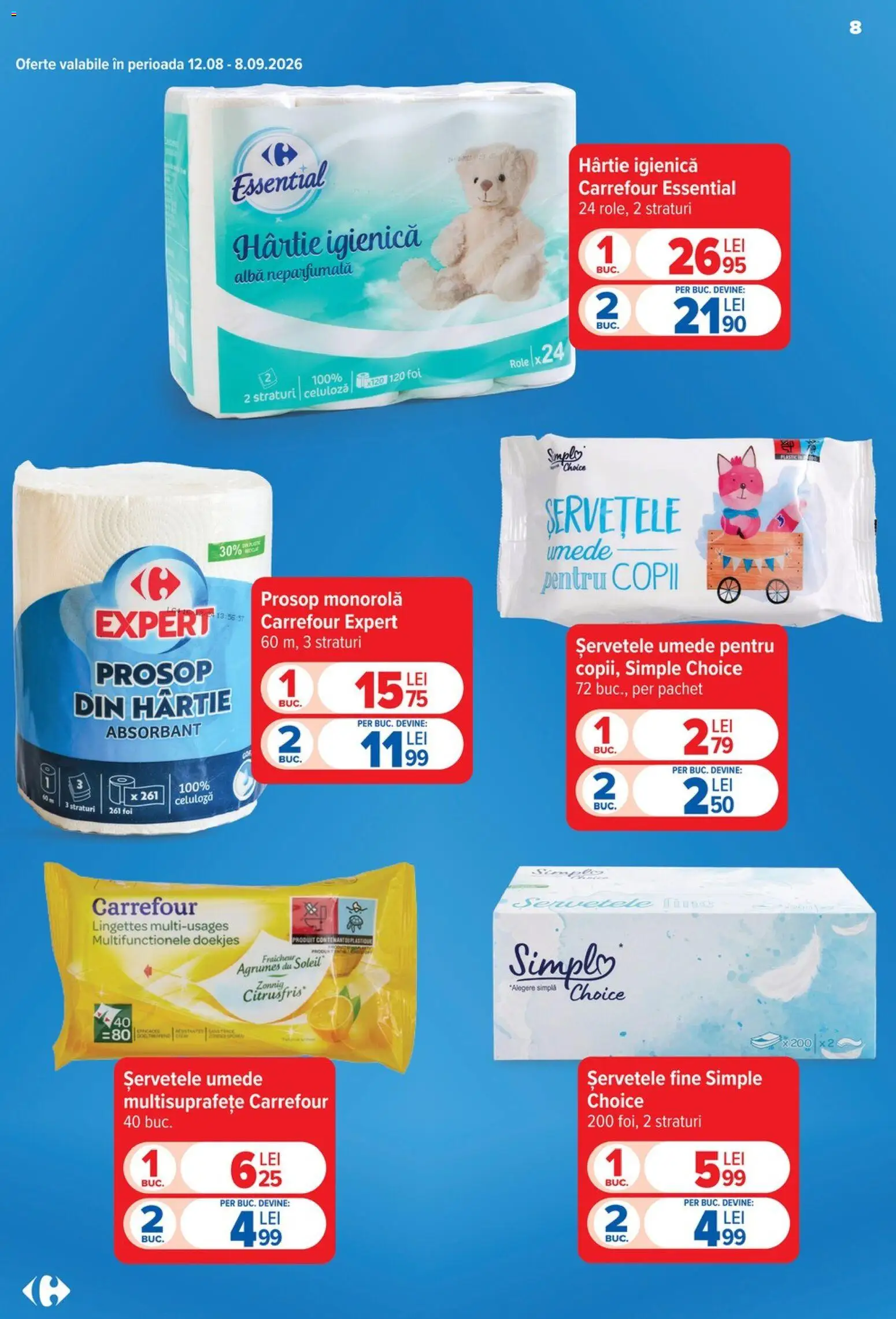 Catalog Carrefour 19 - 24 August 2026 | Pagina 8 | Produse: Alba, Prosop monorolă, Role, Șervețele umede