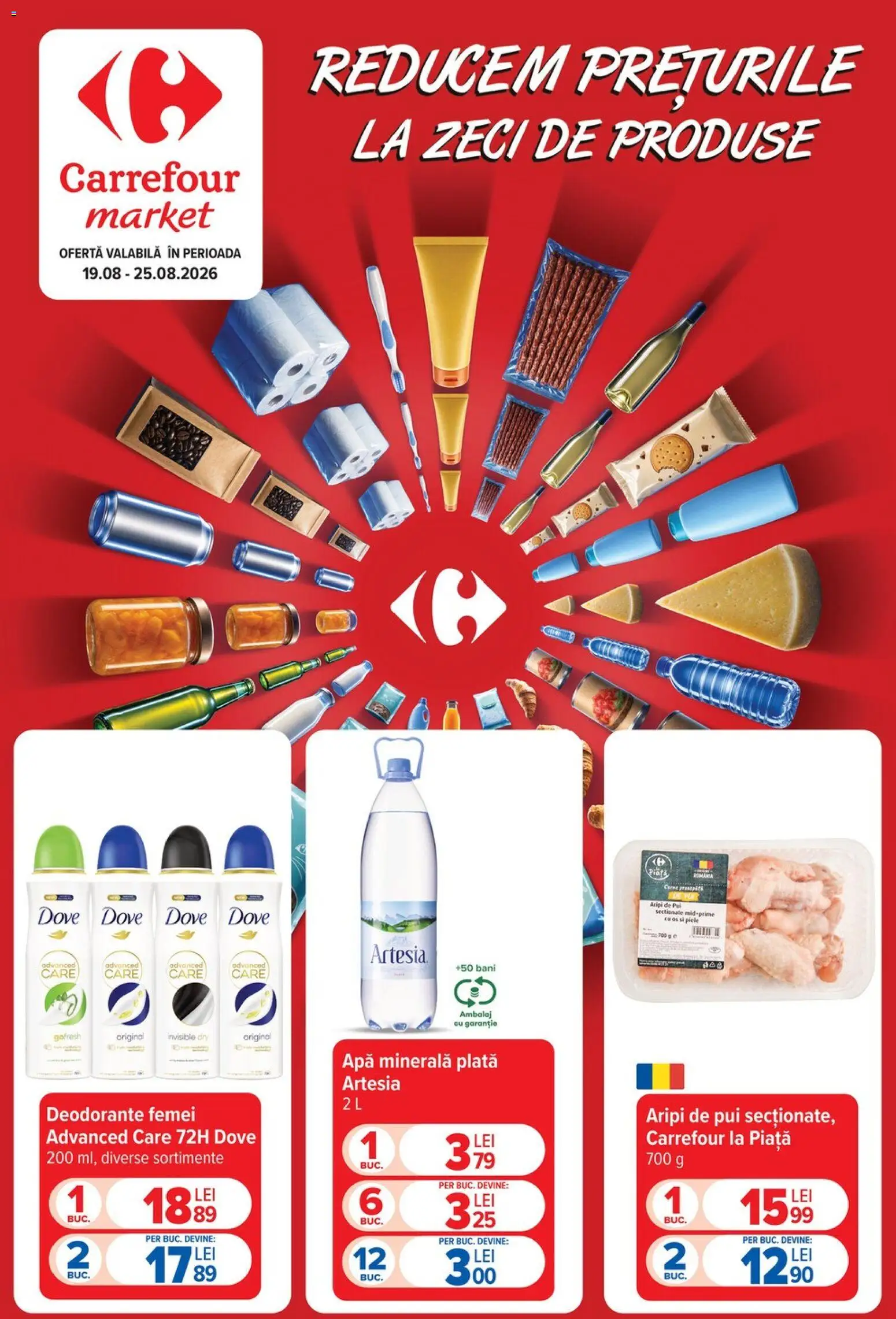 Catalog Carrefour 19 - 24 August 2026 | Pagina 1 | Produse: Apa minerala plata, Apa minerala, Pui, Apă