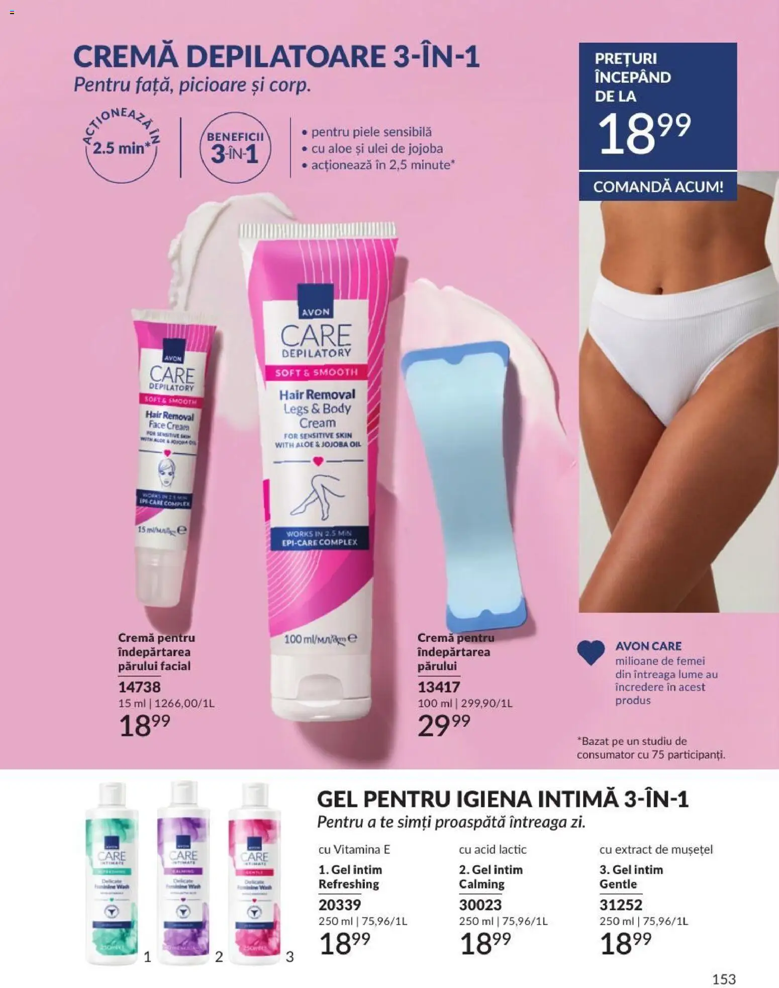 Catalog Avon 1 - 30 August 2026 | Pagina 153 | Produse: Gel intim, Body, Cremă, Cremă depilatoare