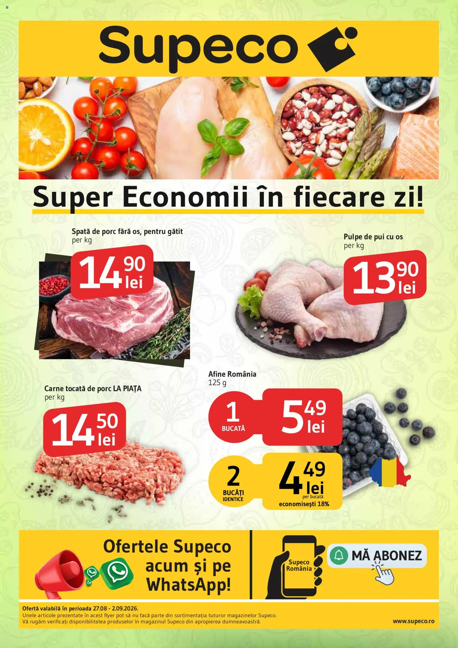 Catalog Supeco 27 August - 1 Septembrie 2026 | Pagina 1 | Produse: Spata de porc, Afine, Pui, Carne tocată