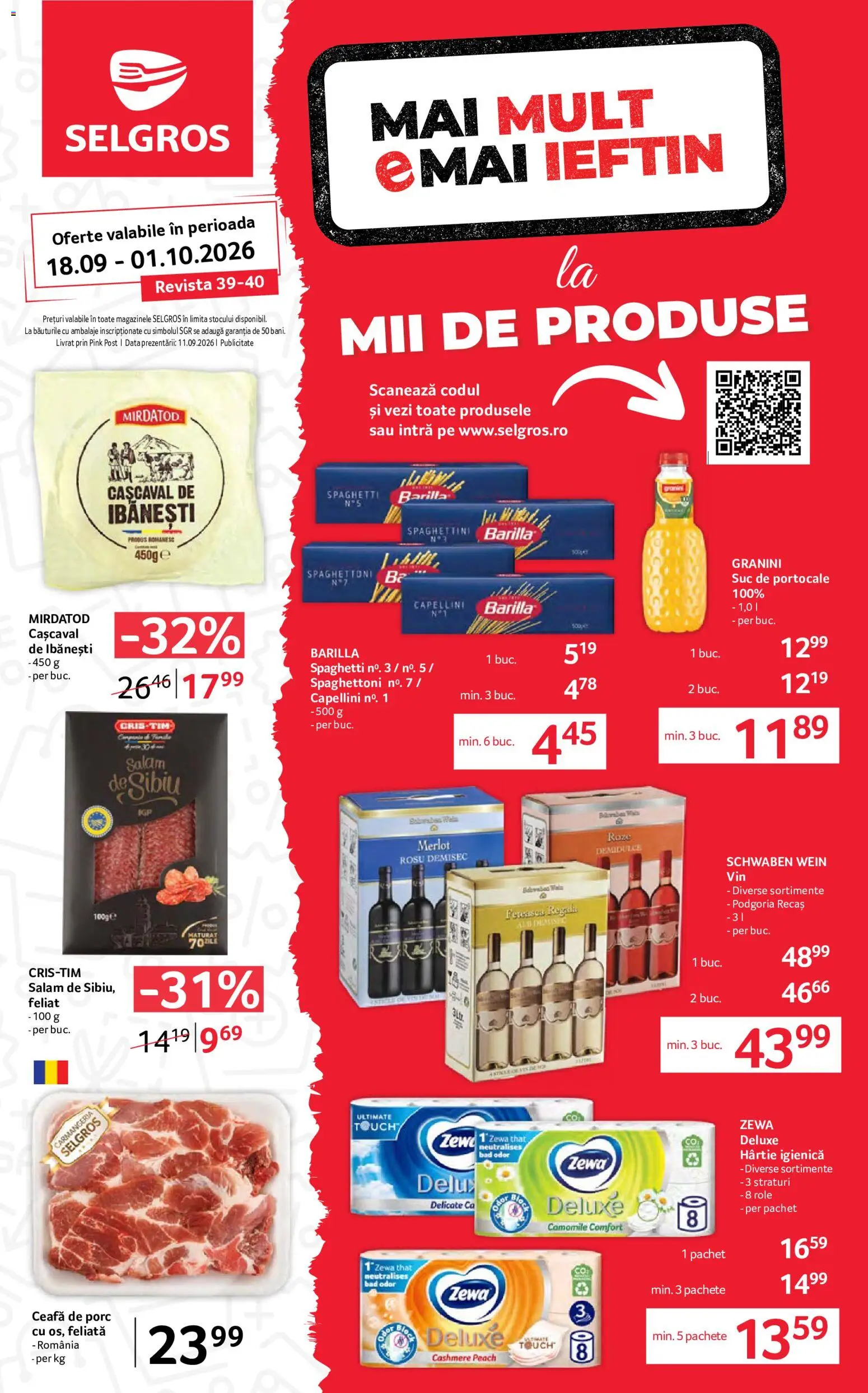 Catalog Selgros 18 - 30 Septembrie 2026 | Pagina 1 | Produse: Barilla, Ceafa de porc, Salam, Portocale