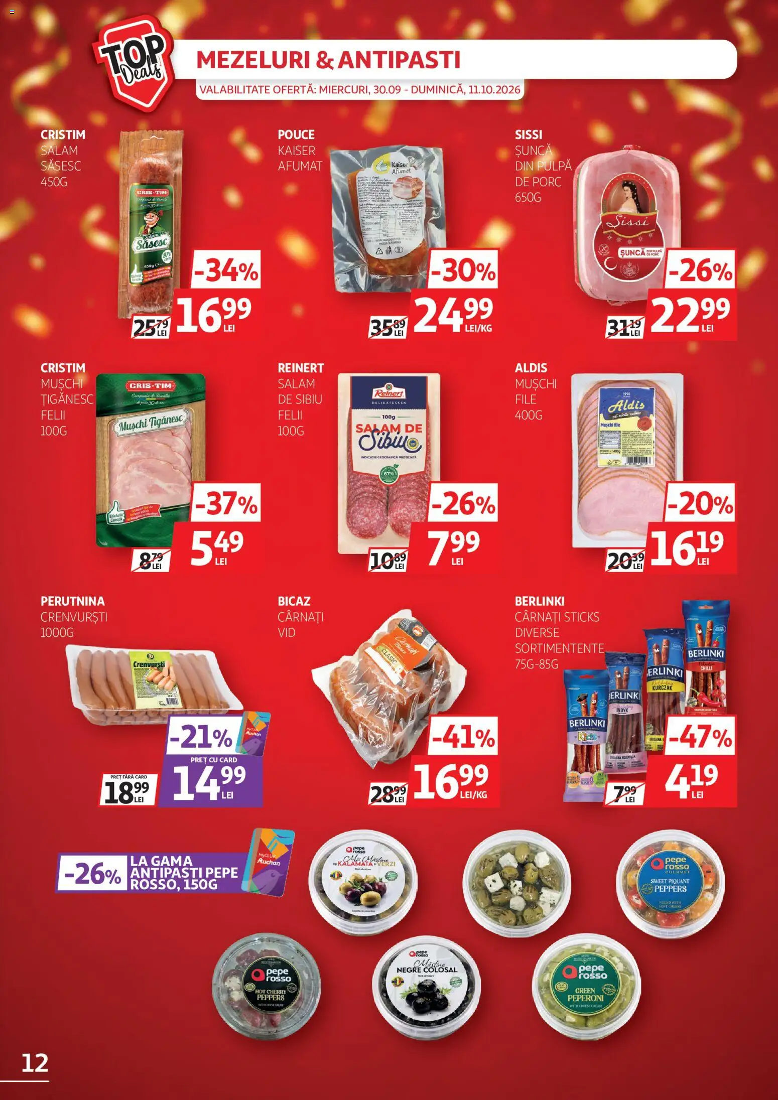 Catalog Auchan 30 Septembrie - 10 Octombrie 2026 | Pagina 12 | Produse: Muschi tiganesc, Carnati sticks, Salam, Șuncă