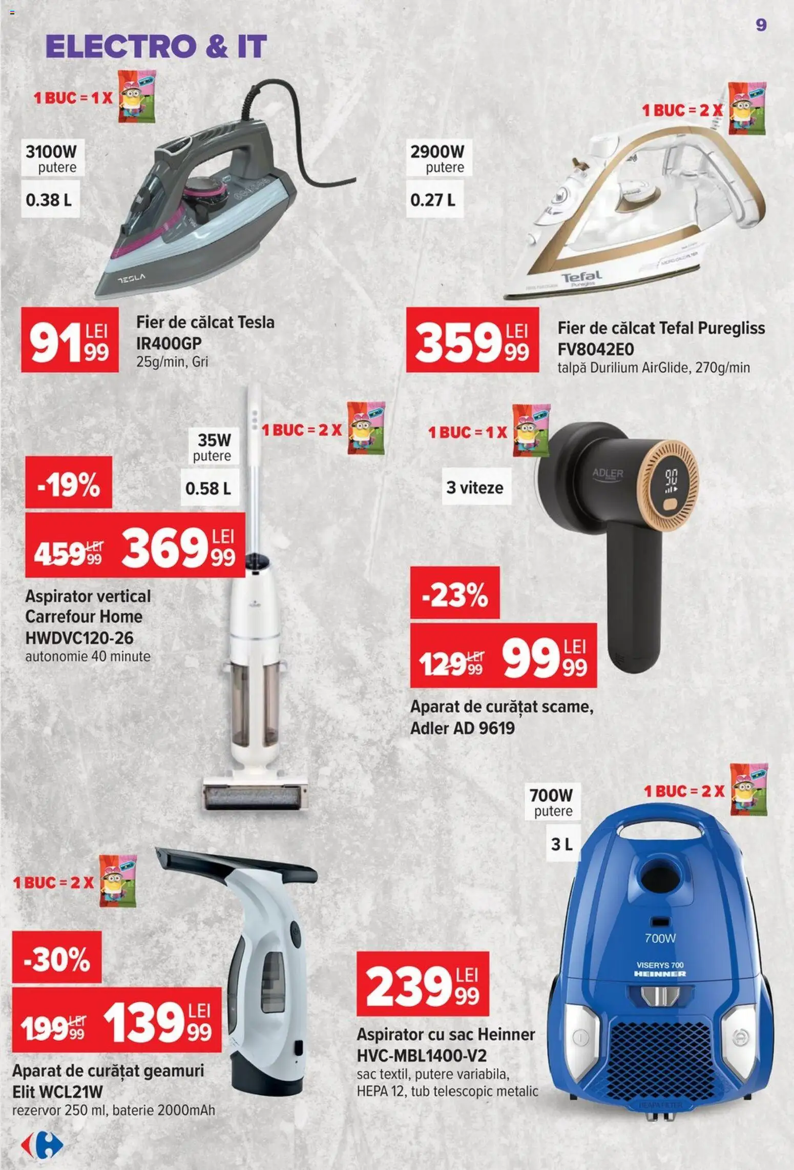 Catalog Carrefour 30 Septembrie - 12 Octombrie 2026 | Pagina 9 | Produse: Aspirator vertical, Aspirator cu sac, Fier, Baterie