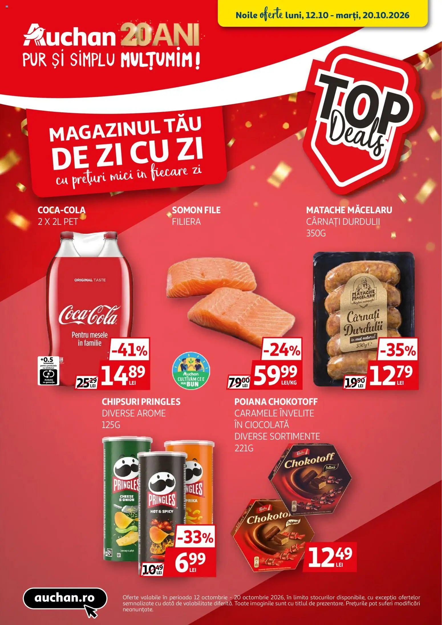 Catalog Auchan 12 - 19 Octombrie 2026 | Pagina 1 | Produse: Mici, Somon, Chipsuri, Caramele