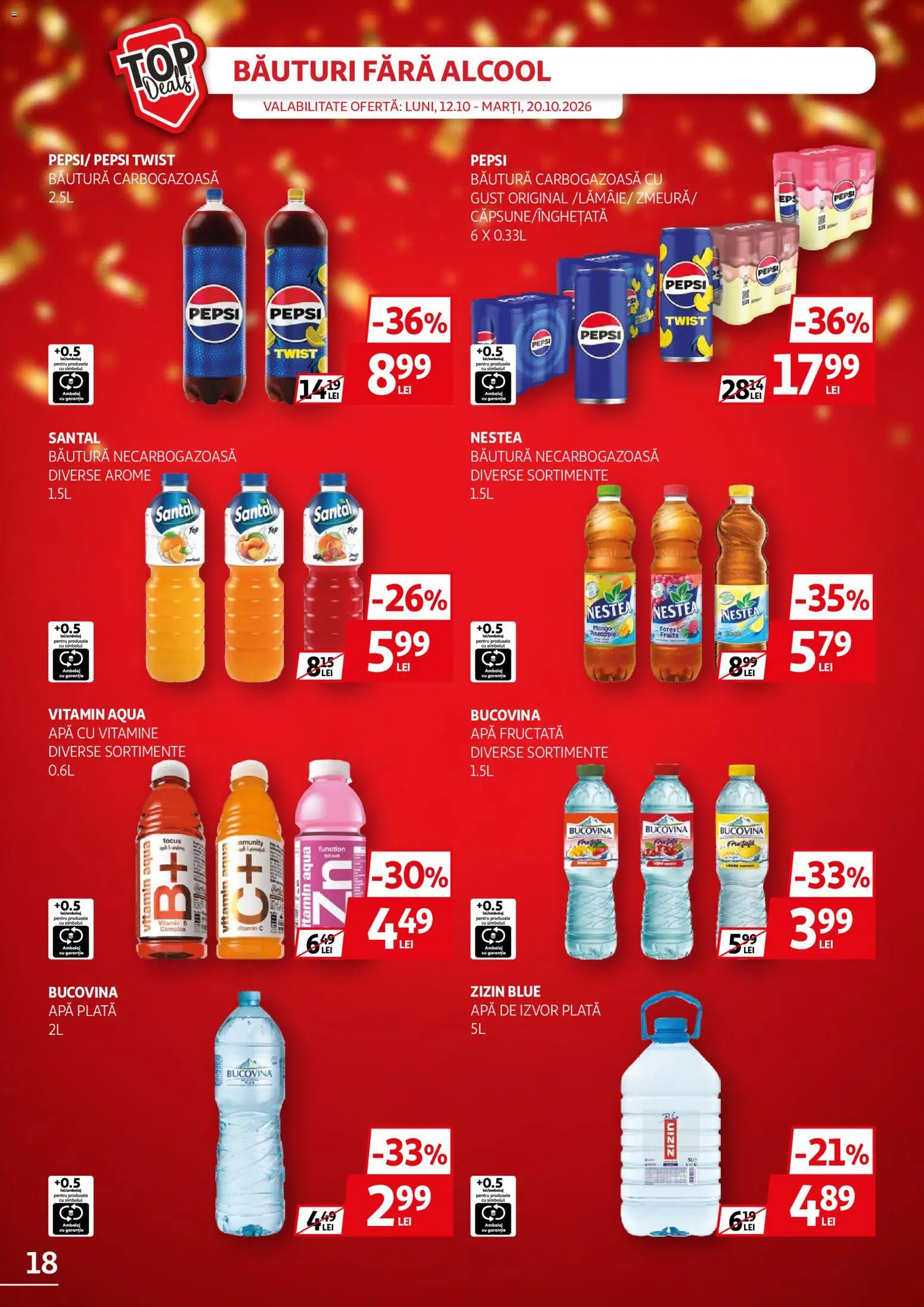 Catalog Auchan 12 - 19 Octombrie 2026 | Pagina 18 | Produse: Apa de izvor plata, Pepsi, Apă cu vitamine, Aqua