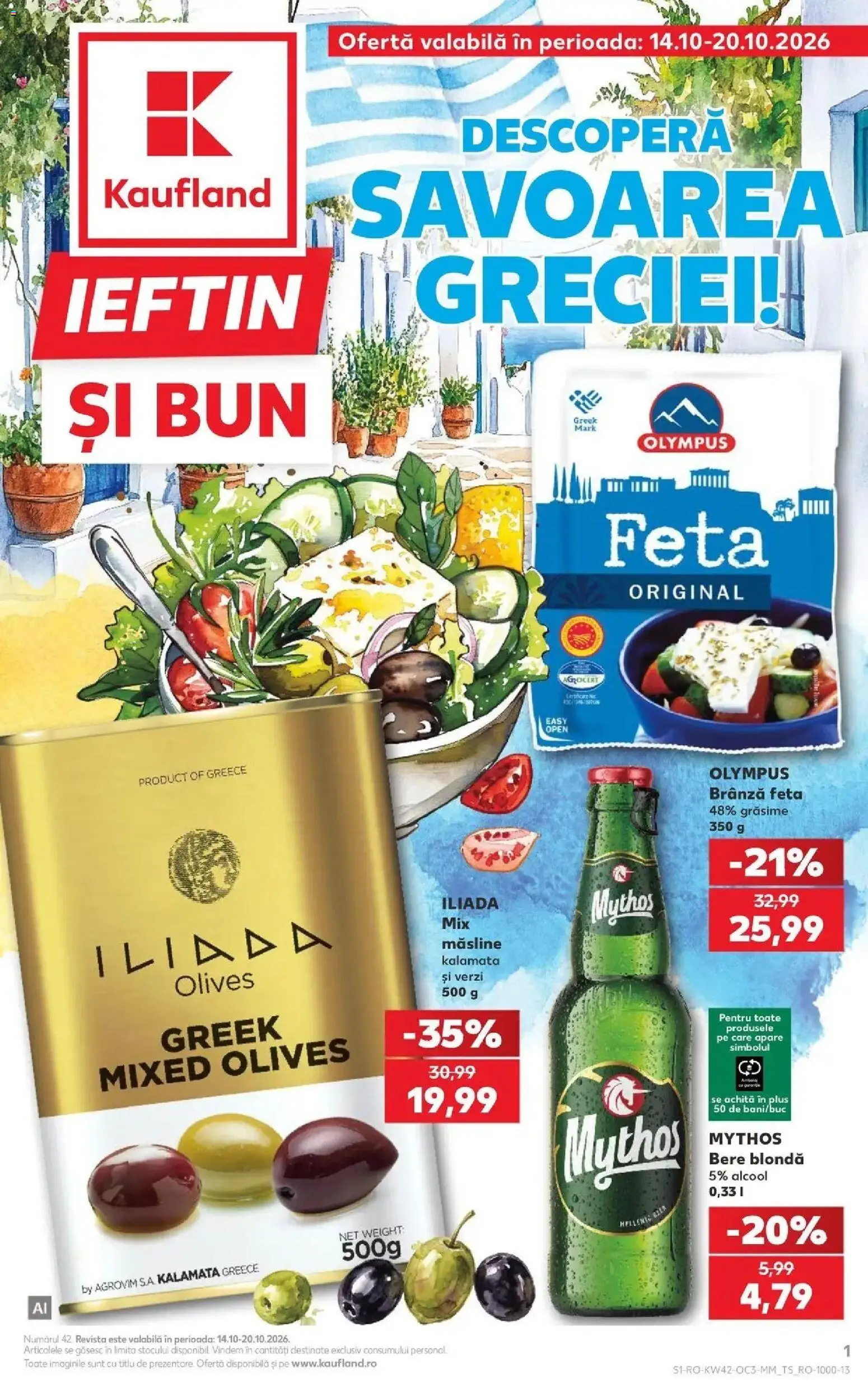 Catalog Kaufland 14 - 19 Octombrie 2026 | Pagina 1 | Produse: Brânză feta, Măsline, Brânză, Bere